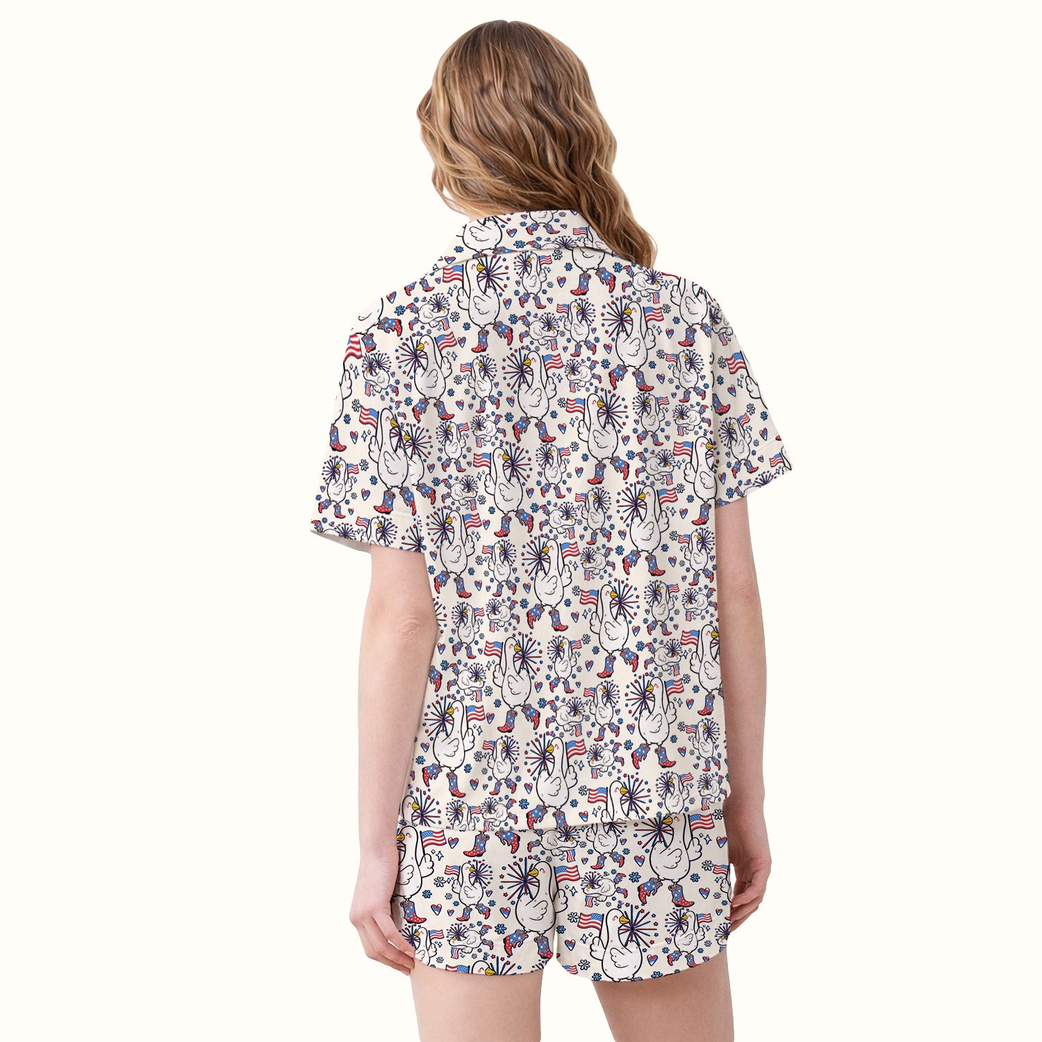 Patriotic Goose With USA Flag Fireworks Pajama Set, Soft Breathable Fabric Comfortable Sleepwear