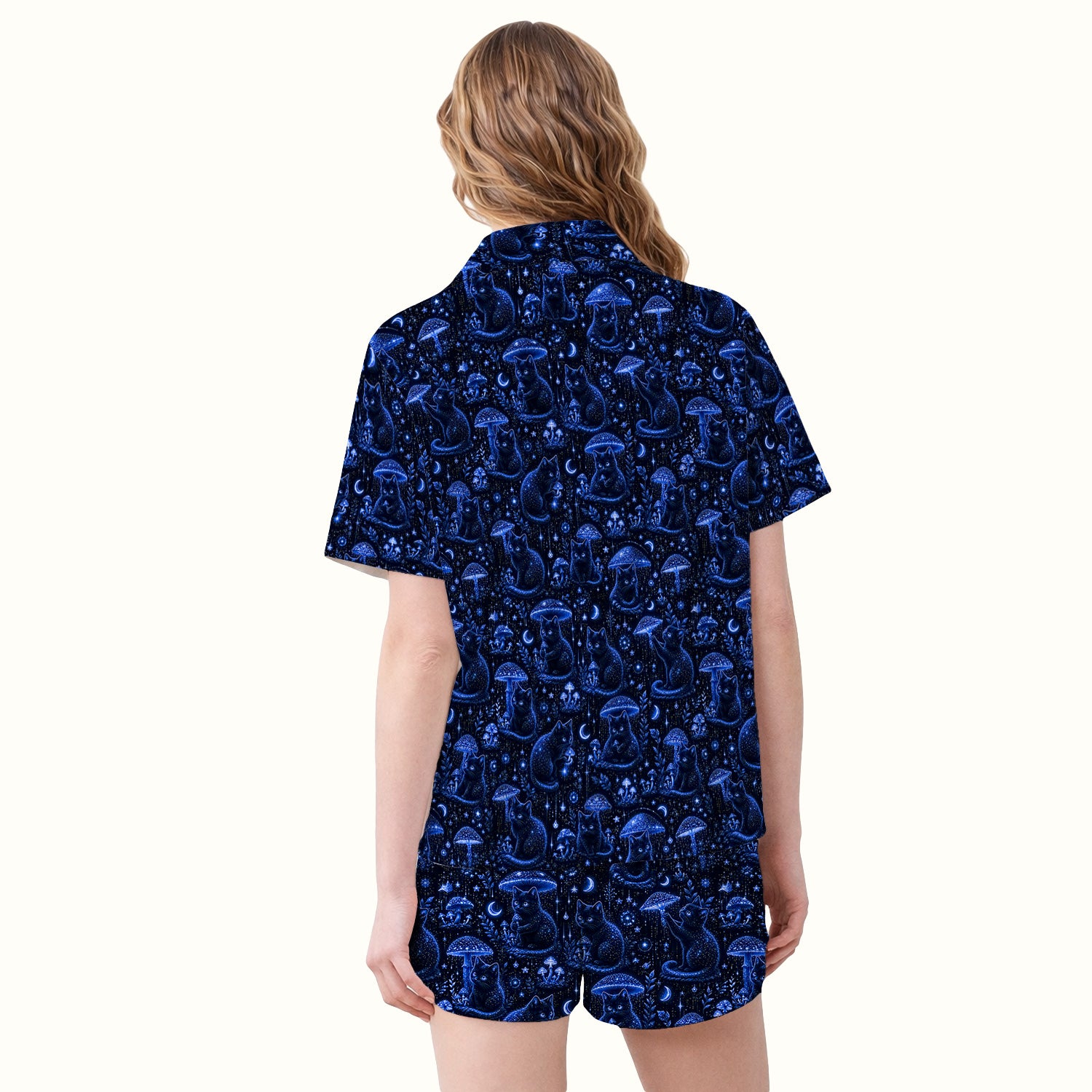 Celestial Black Cat Mushroom Pattern Pajama Set, Soft Breathable Fabric Comfortable Sleepwear