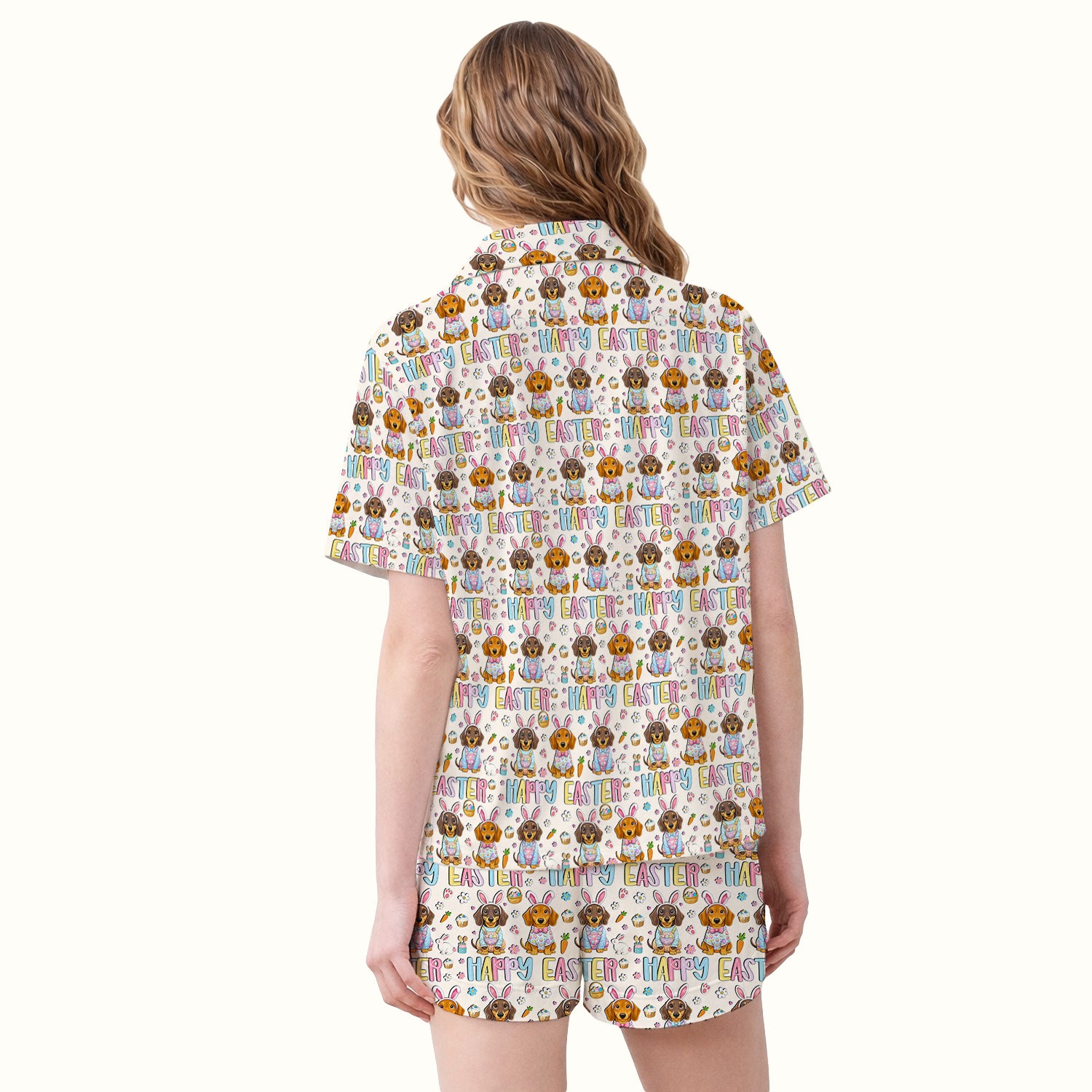 Happy Easter Dachshund Bunny Print Pajama Set, Breathable Fabrics Uniform