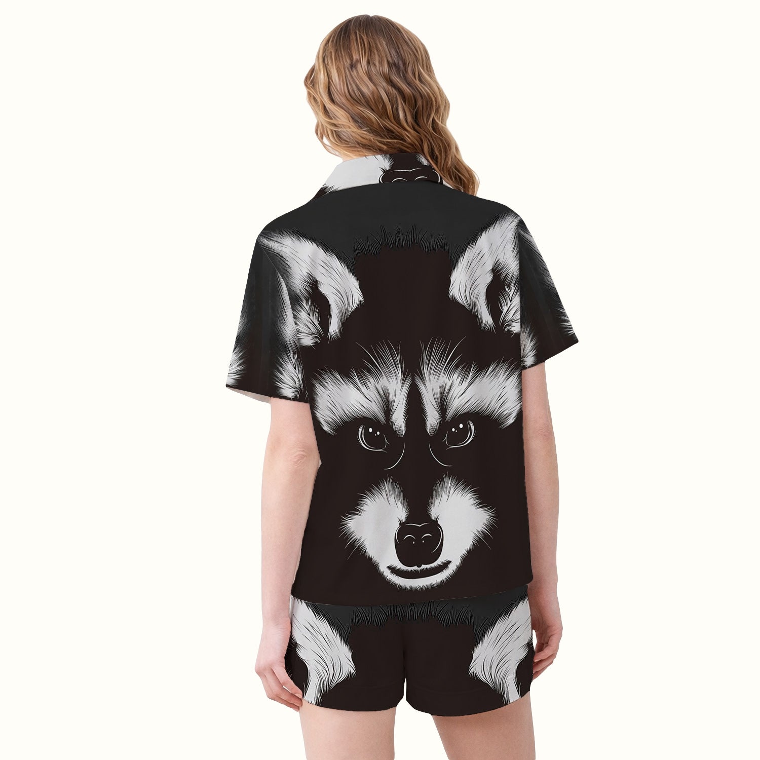 Black White Raccoon Face Pattern Pajama Set, Soft Breathable Fabric Comfortable Sleepwear