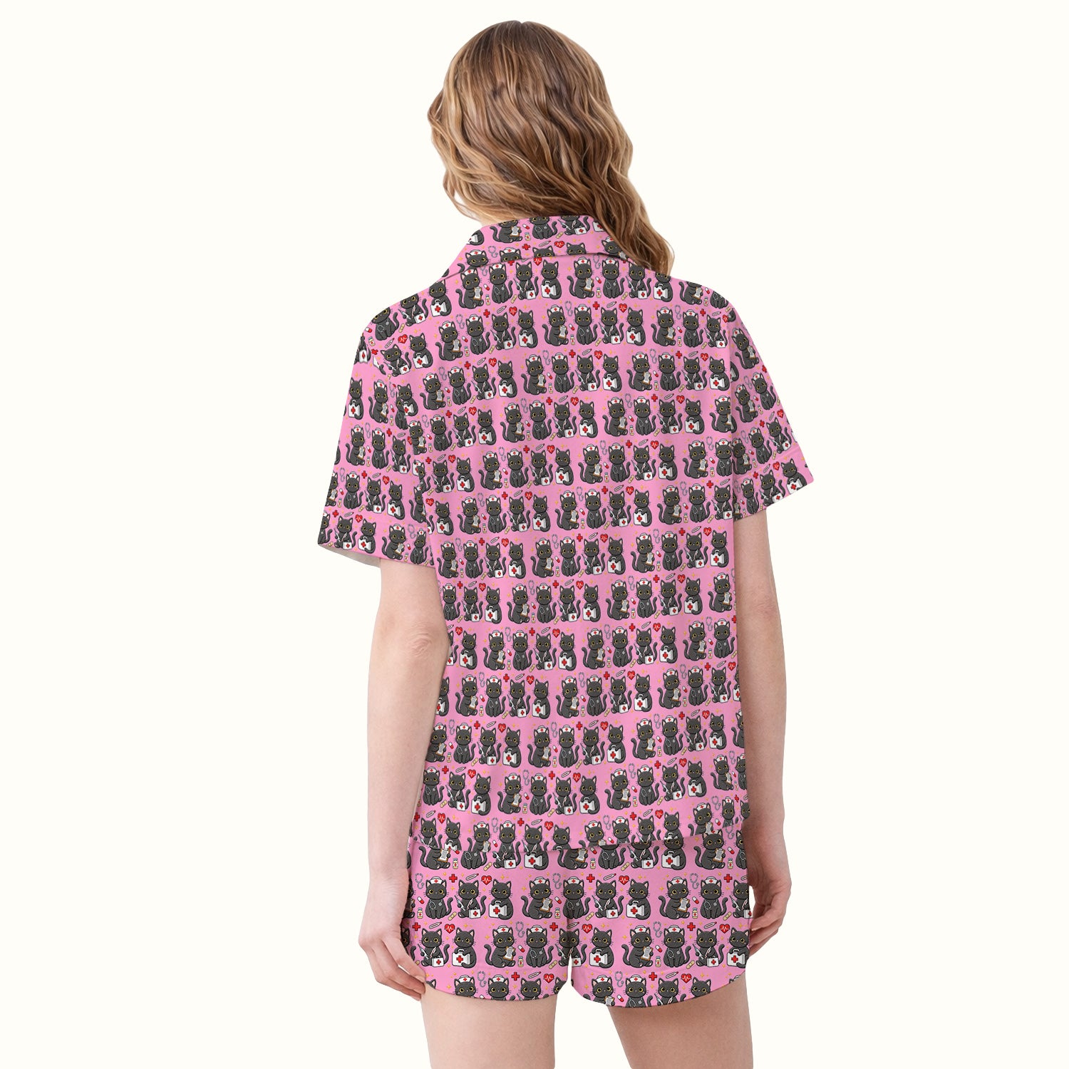 Black Cat Nurse Medical Icons Pajama Set, Soft Breathable Fabric Comfortable Sleepwear