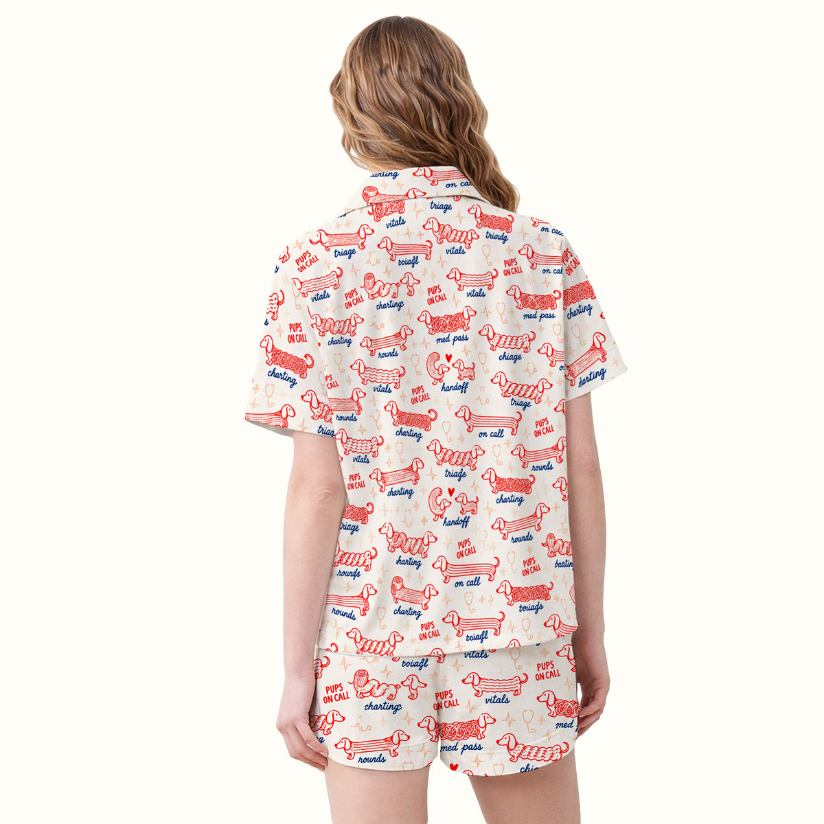 Cute Pups On Call Dachshund Pattern Pajama Set, Soft Breathable Fabric Comfortable Sleepwear
