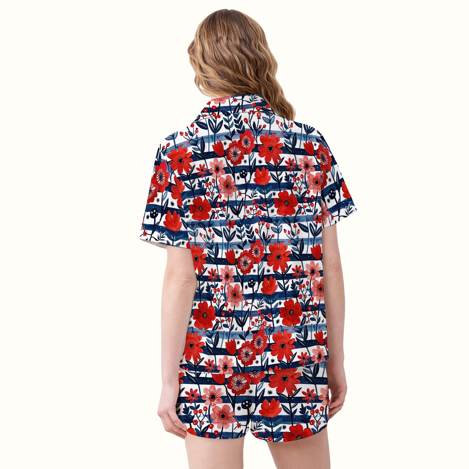Red Poppy Navy Stripe Pattern Pajama Set, Soft Breathable Fabric Comfortable Sleepwear