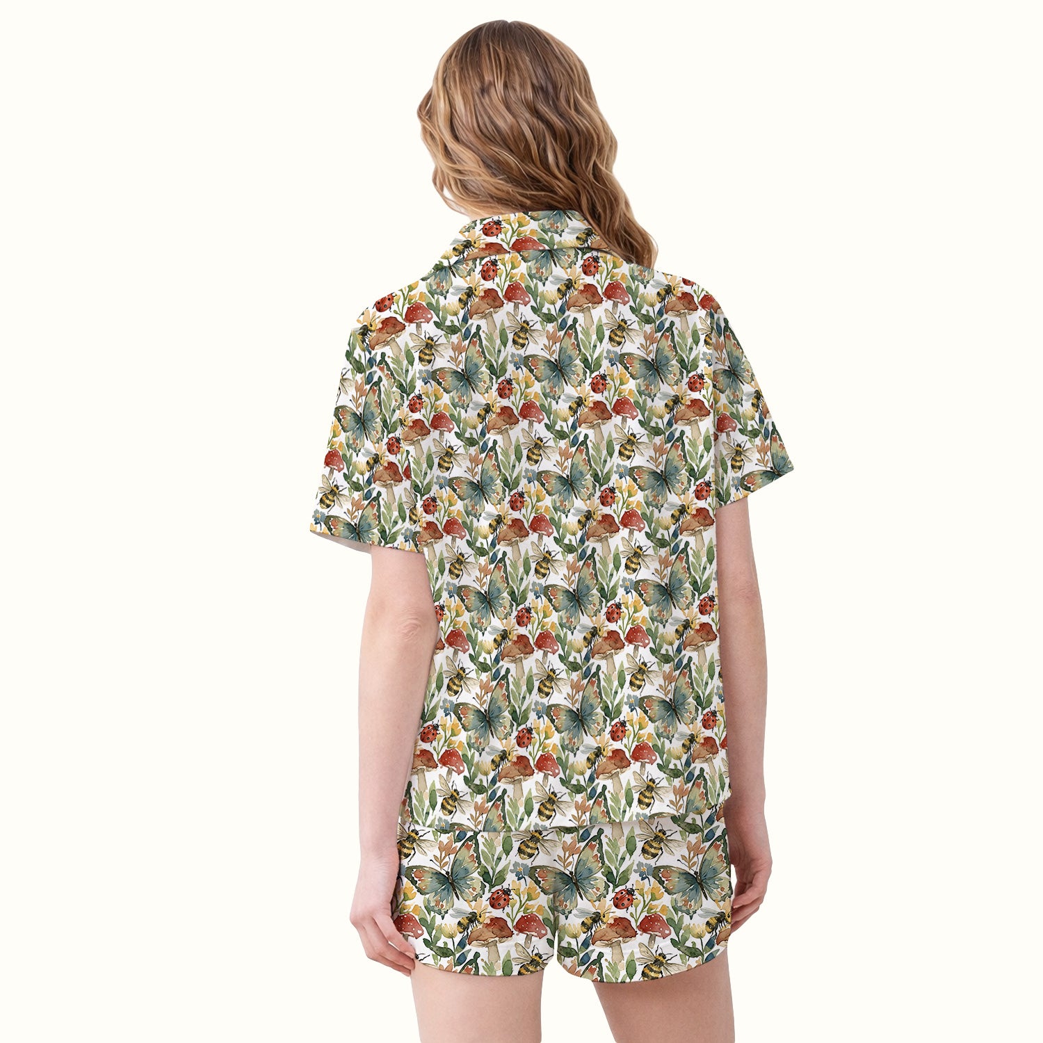Butterfly Bee With Floral Mushroom Pajama Set, Soft Breathable Fabric Comfortable Sleepwear