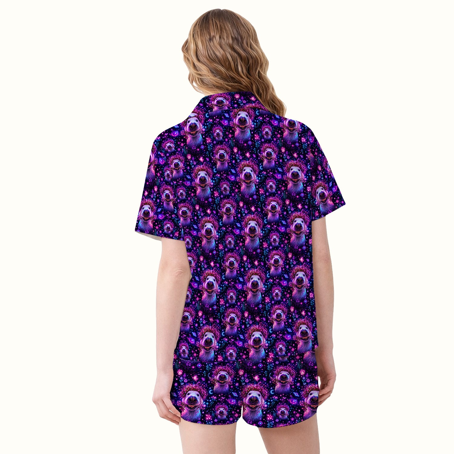 Galaxy Golden Retriever Pattern Pajama Set, Soft Breathable Fabric Comfortable Sleepwear