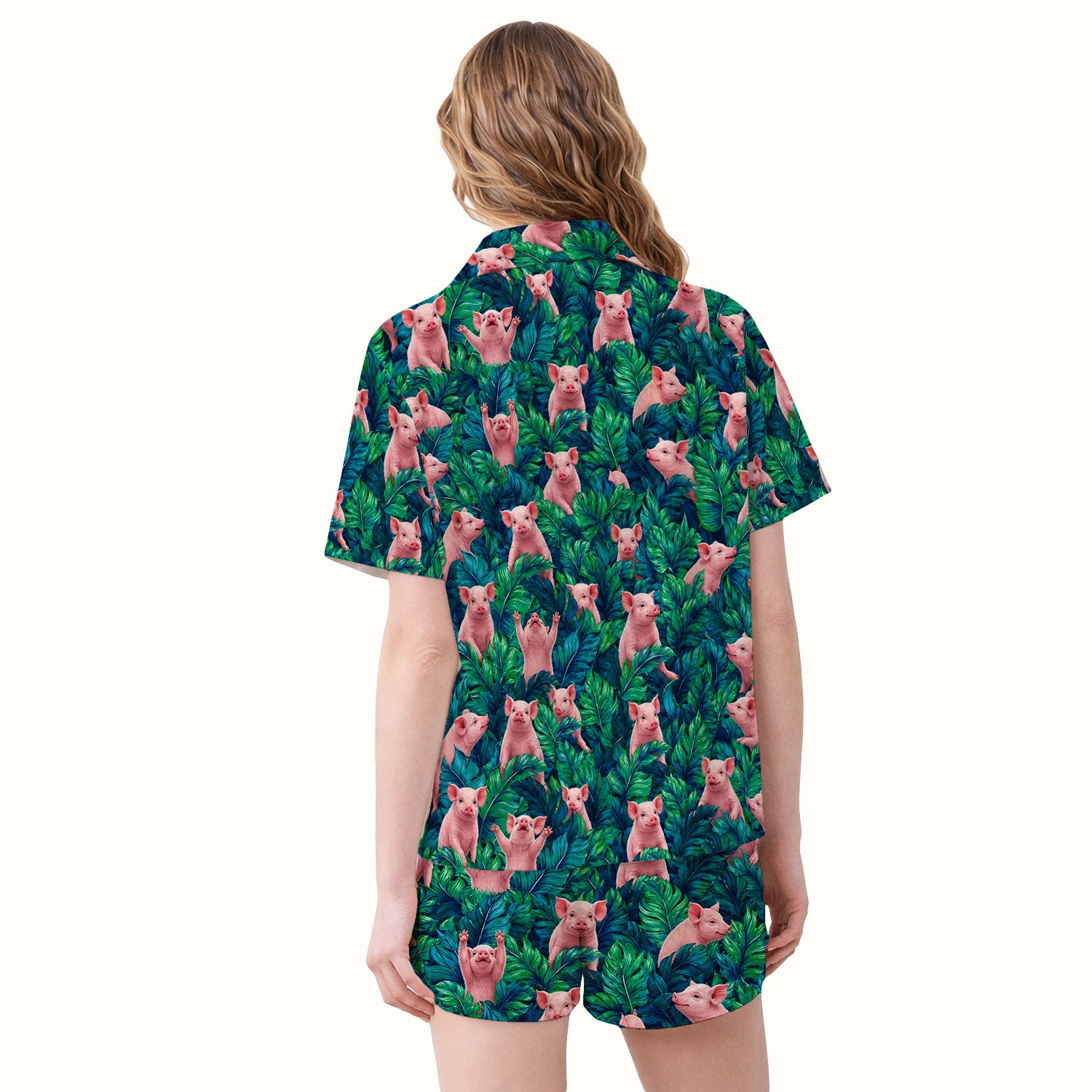 Cute Piglet Jungle Leaves Pattern Pajama Set, Soft Breathable Fabric Comfortable Sleepwear