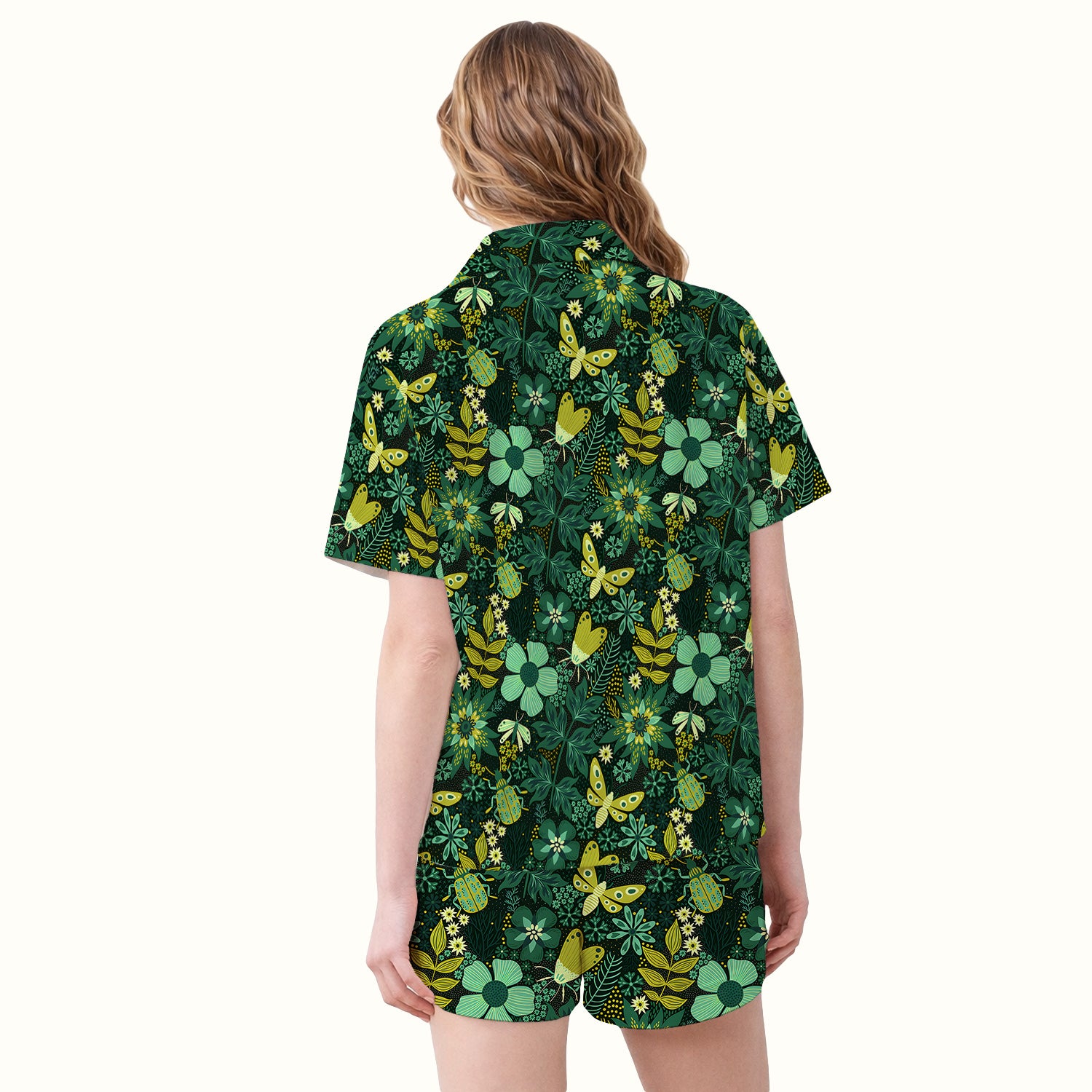 Green Botanical Butterfly Pattern Pajama Set, Soft Breathable Fabric Comfortable Sleepwear