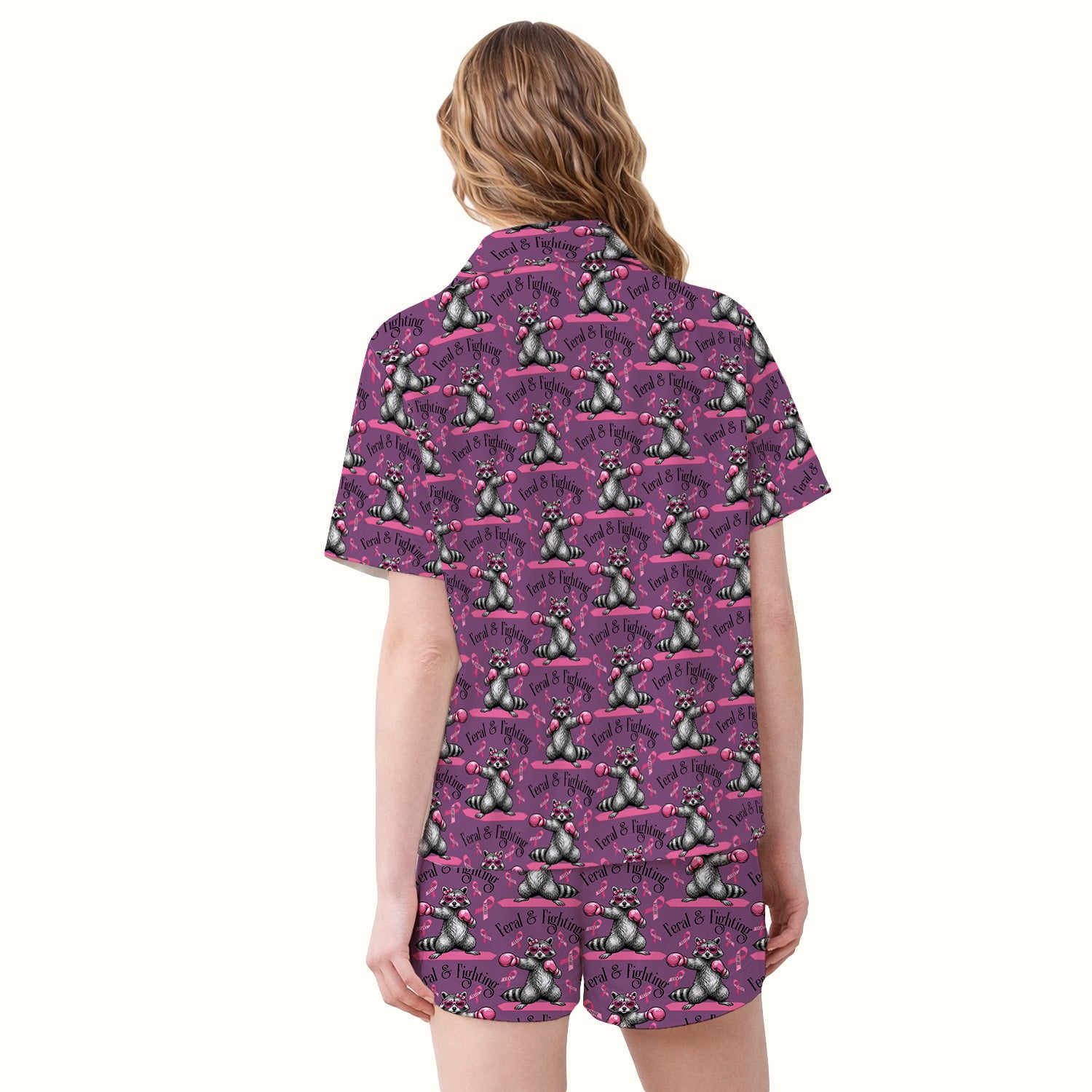 Breast Cancer Awareness Raccoon Pajama Set, Soft Breathable Fabric Comfortable Sleepwear