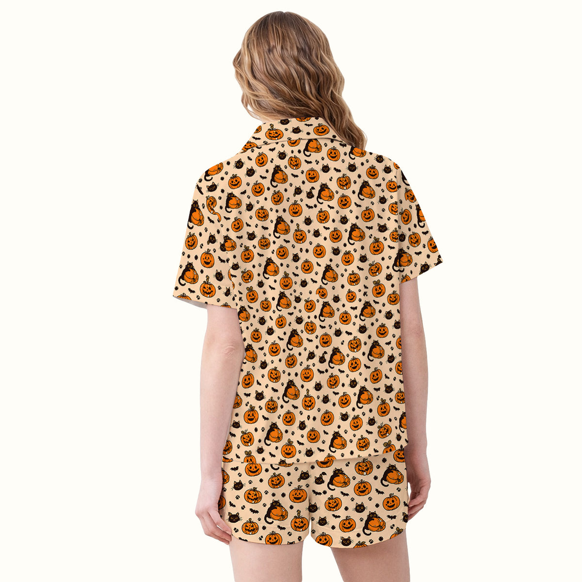 Cute Halloween Black Cat And Pumpkins Pajama Set, Soft Breathable Fabric Comfortable Sleepwear