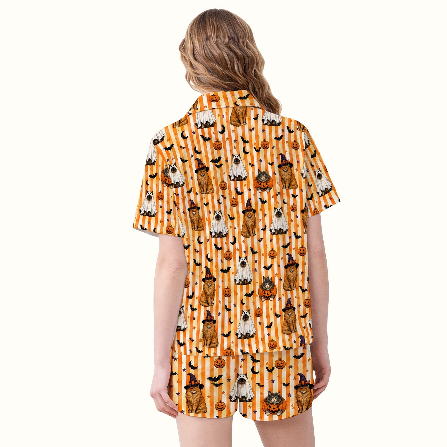 Halloween Cat Print Pajama Set, Soft Breathable Fabric Comfortable Sleepwear