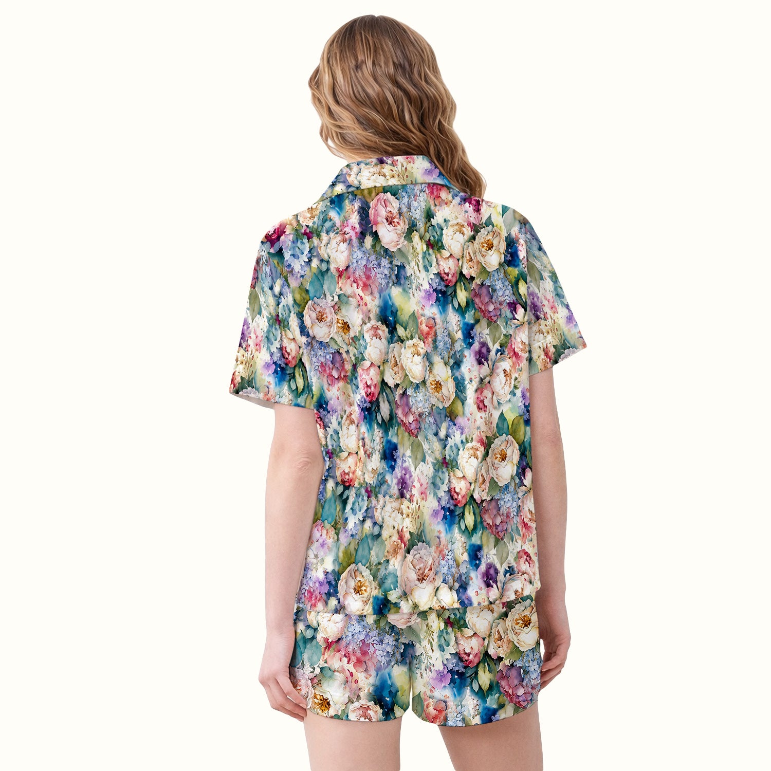 Watercolor Peony Hydrangea Floral Print Pajama Set, Soft Breathable Fabric Comfortable Sleepwear