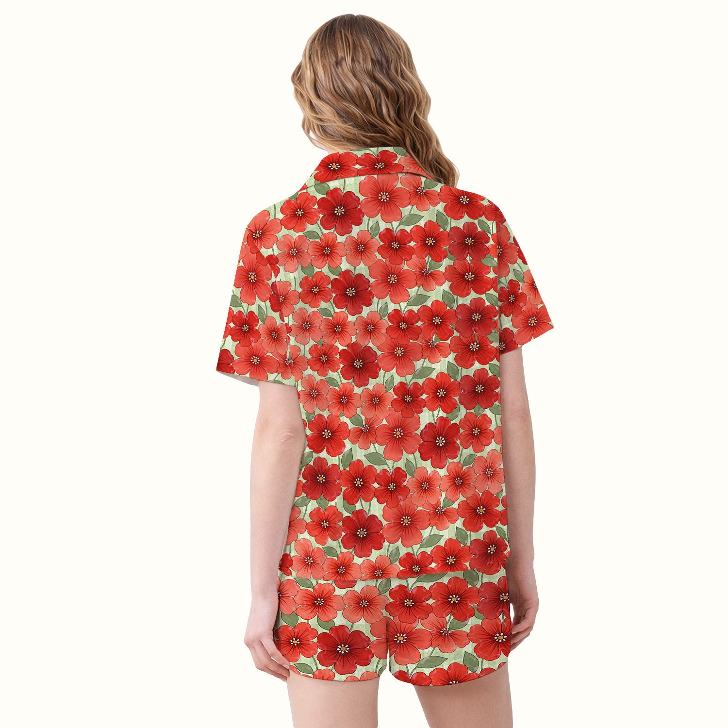 Patriotic USA Flag With Red Floral Blossom Pattern Pajama Set, Soft Breathable Fabric Comfortable Sleepwear