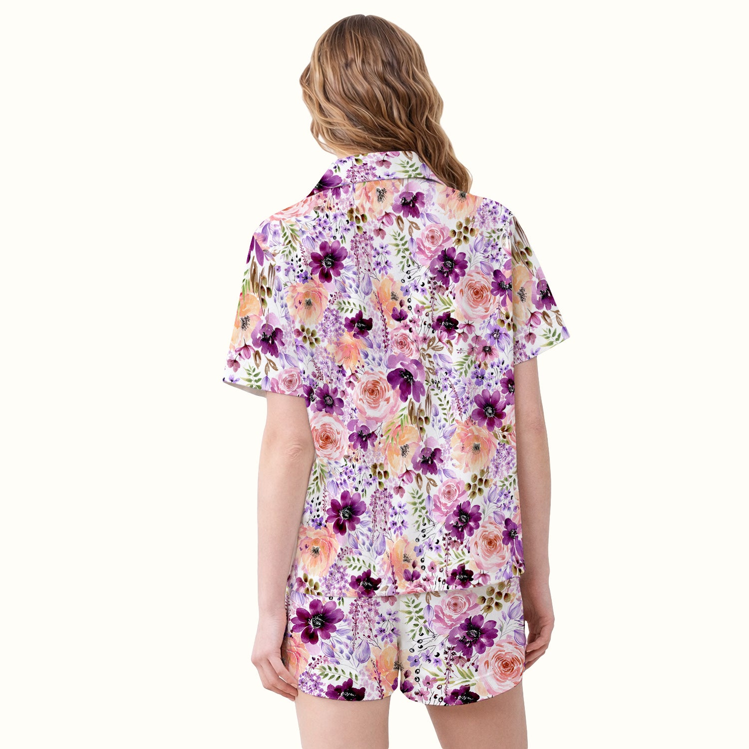 Elegant Watercolor Floral Bloom Pajama Set, Soft Breathable Sleepwear