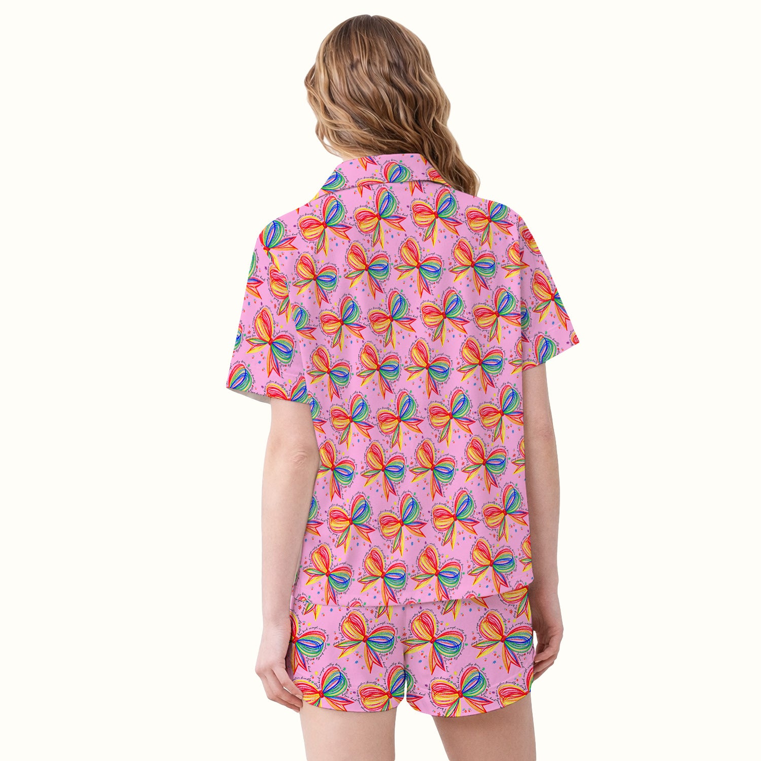 Colorful Rainbow Bow Pattern Pajama Set, Breathable Fabrics Uniform