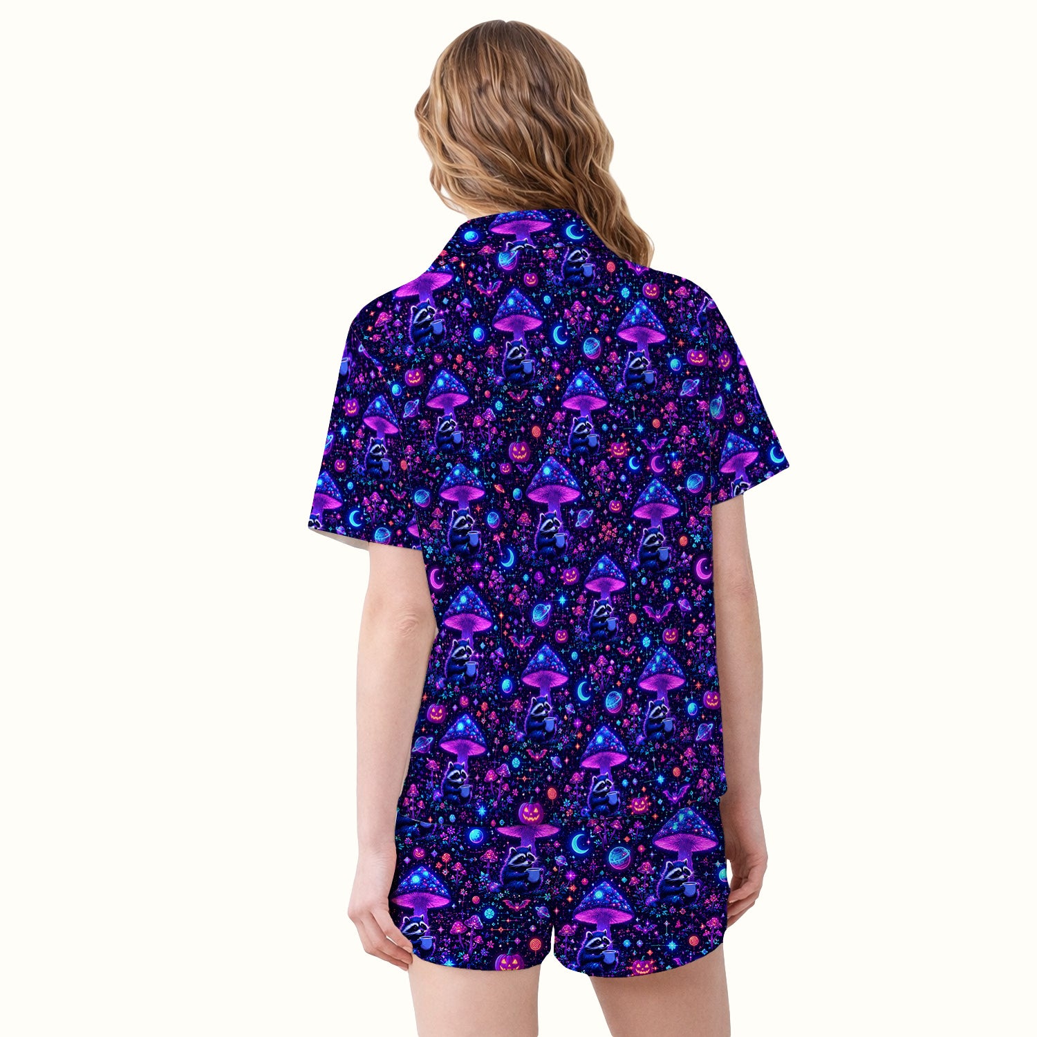 Halloween Raccoon And Mushrooms Pajama Set, Soft Breathable Fabric Comfortable Sleepwear