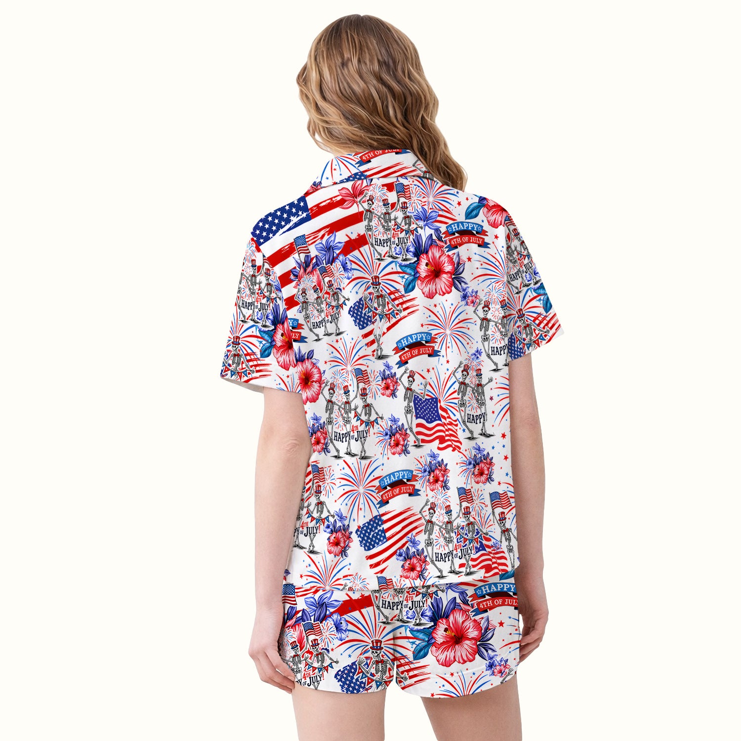 Funny 4th Of July Skeleton Nurse for RN & CNA, Patriotic Fireworks Medical Uniform Pajama Set, Soft Breathable Fabric Comfortable Sleepwear