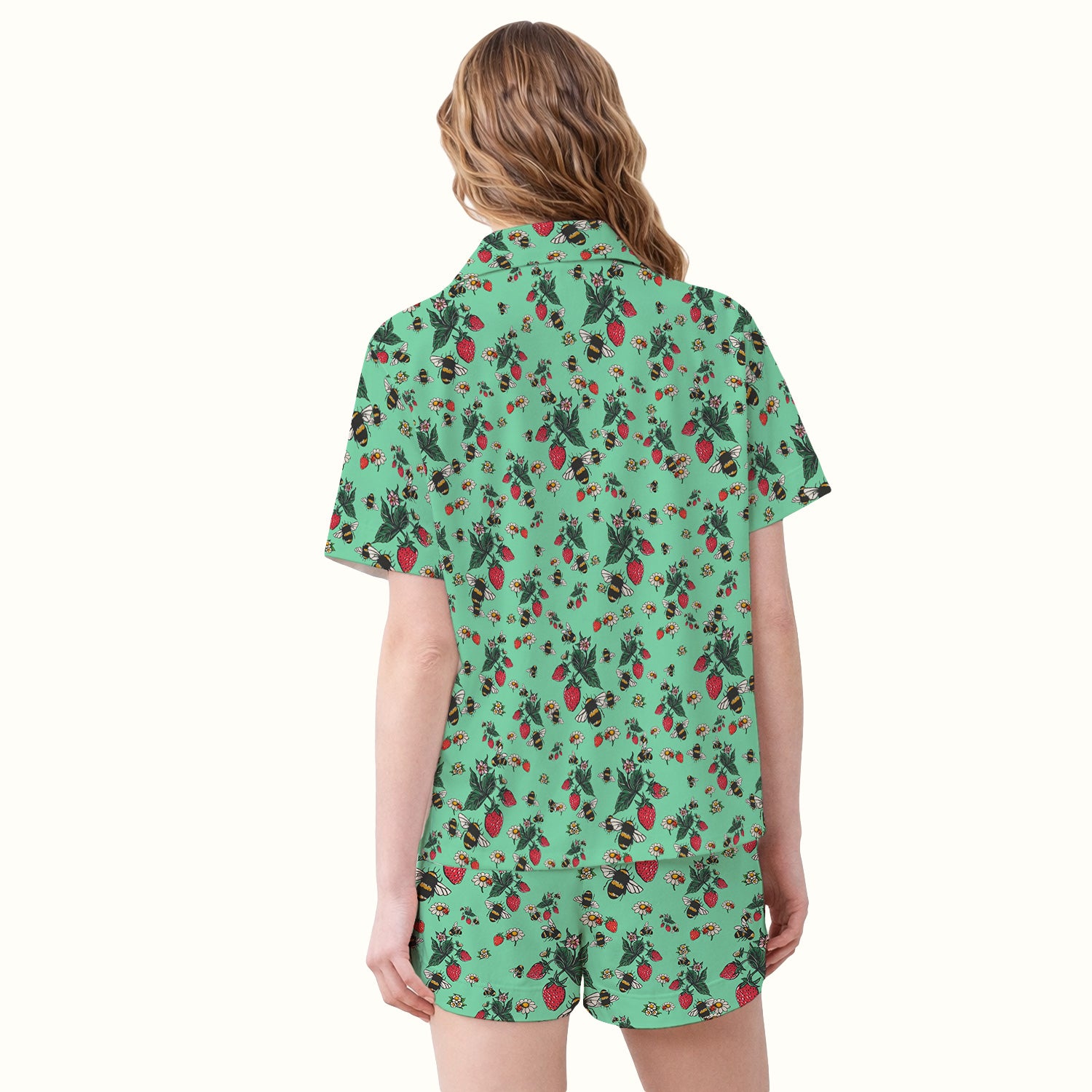 Cute Strawberry Bee Daisy Floral Pattern Pajama Set, Breathable Fabrics Uniform