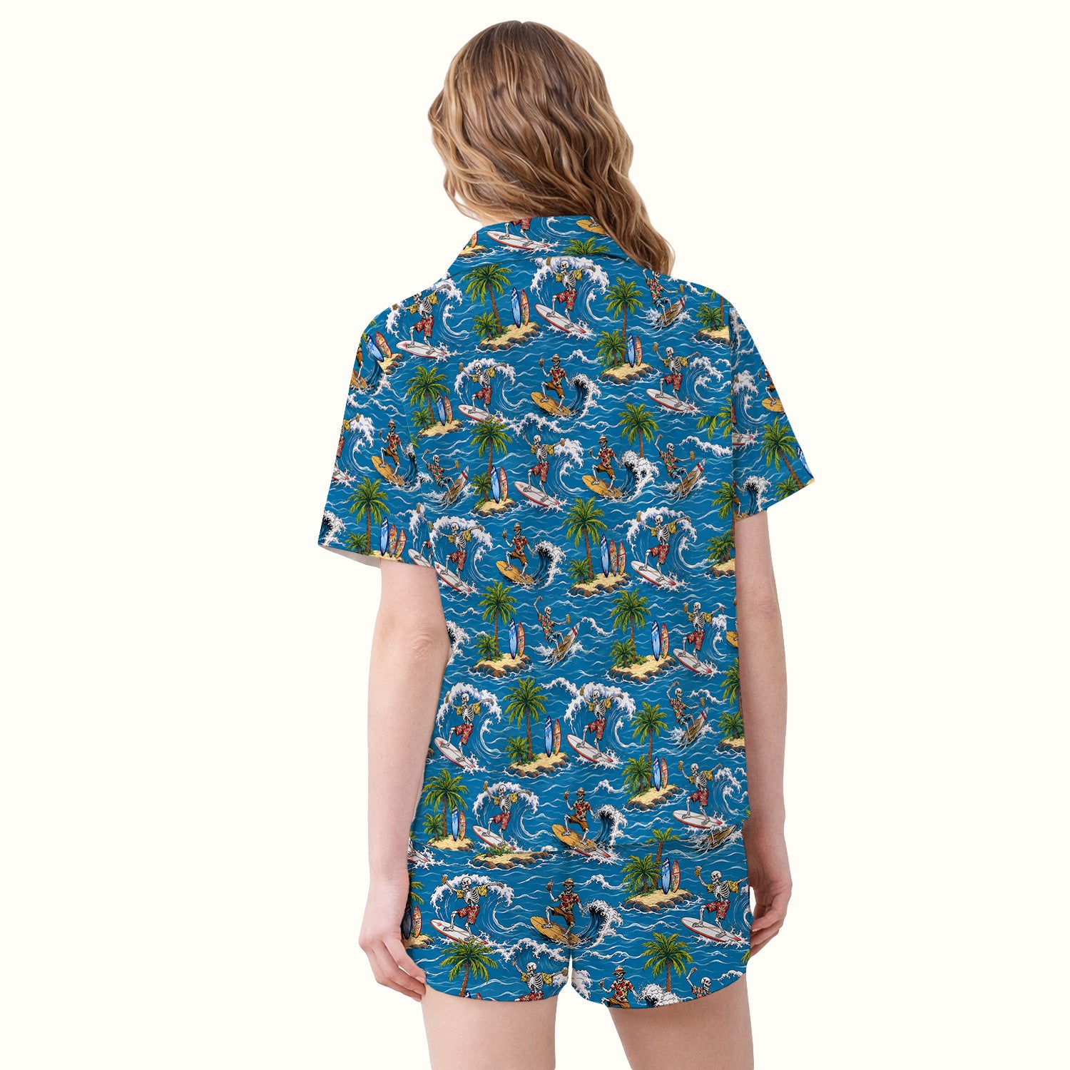 Spooky Tropical Skeleton Surfer Pattern Pajama Set, Soft Breathable Fabric Comfortable Sleepwear