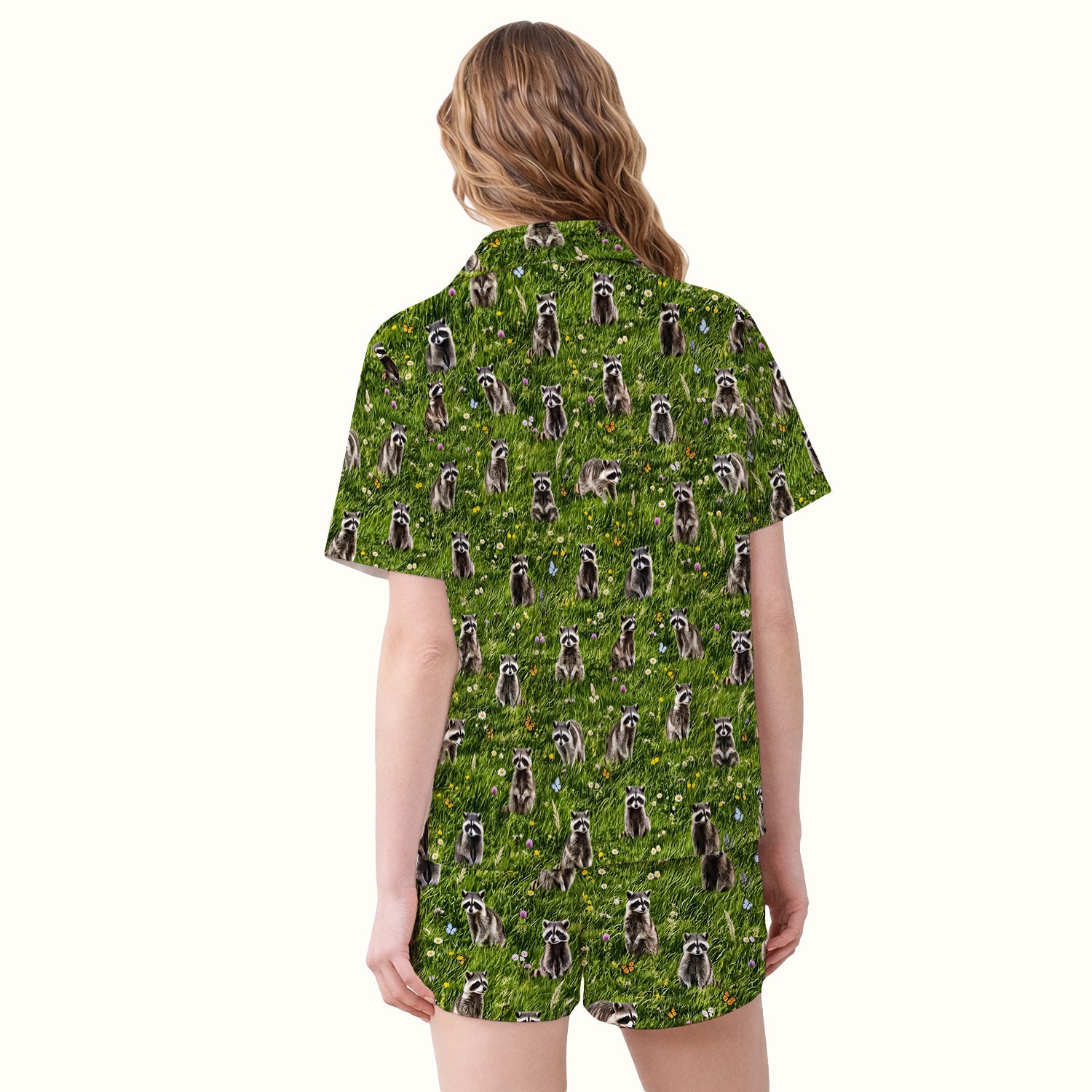 Raccoon Meadow Print Pajama Set, Soft Breathable Fabric Comfortable Sleepwear