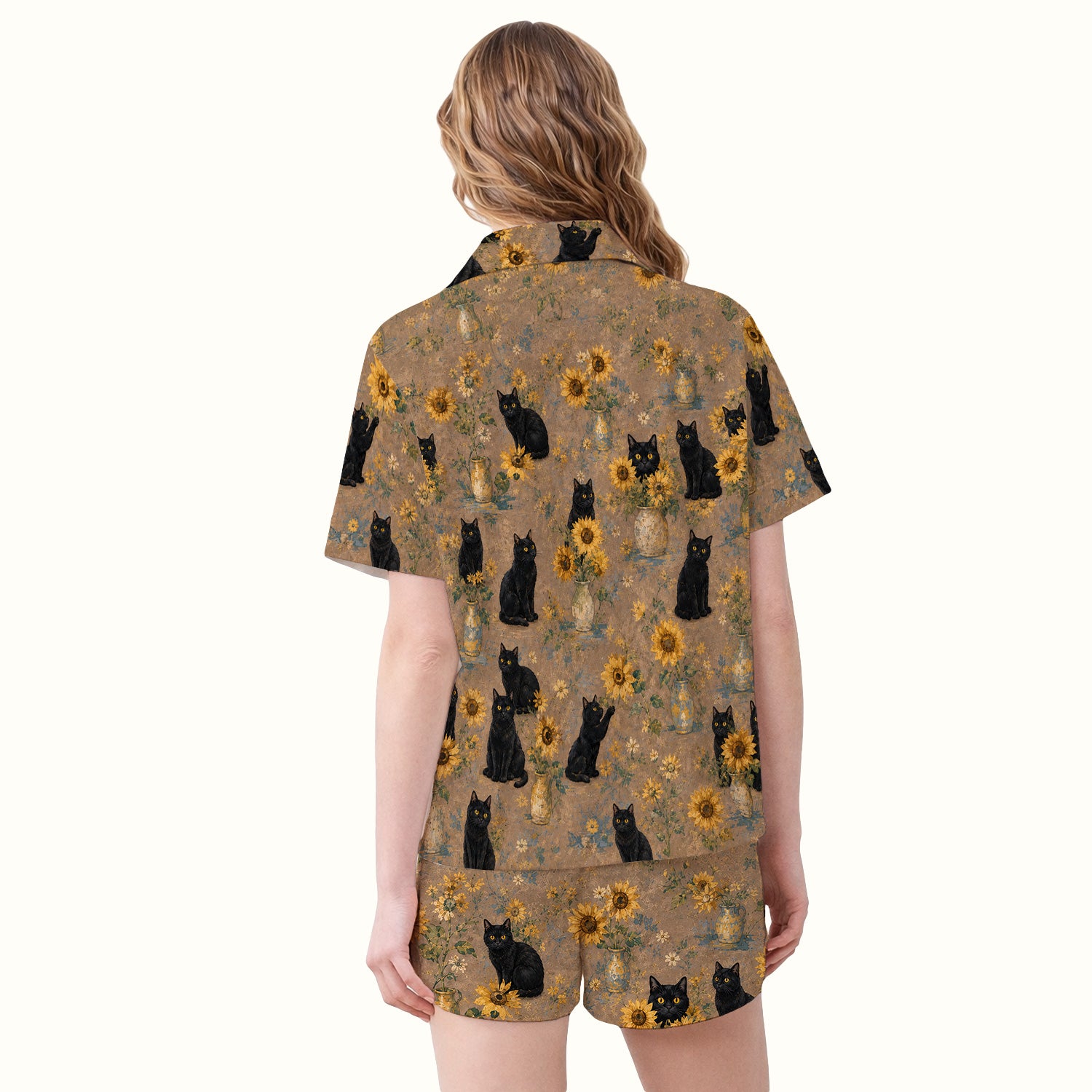 Rustic Sunflower Black Cat Print Pajama Set, Soft Breathable Fabric Comfortable Sleepwear