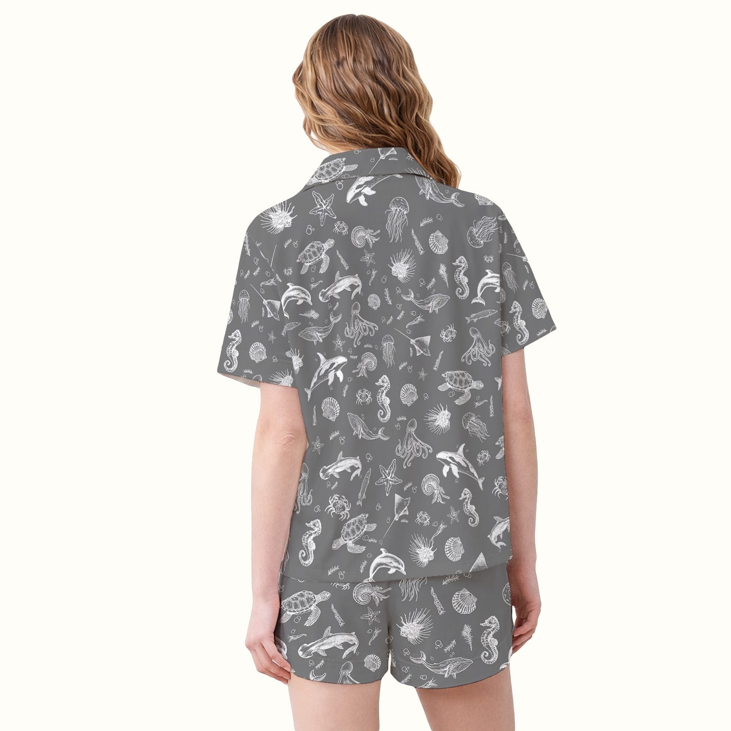 Marine Sea Life Pattern Pajama Set, Breathable Fabrics Uniform