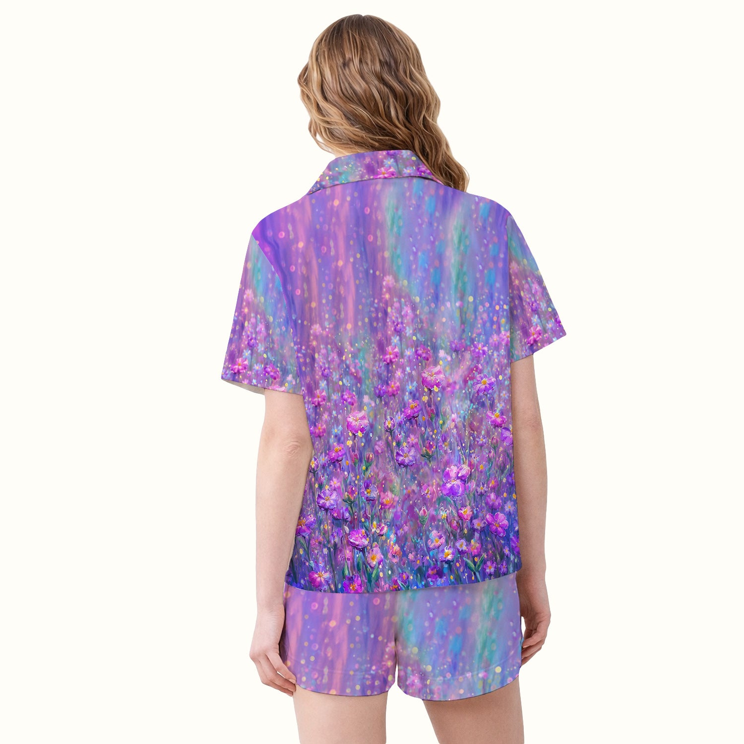 Watercolor Hummingbird with Purple Floral Garden Print Pajama Set, Soft Breathable Fabric Comfortable Sleepwear