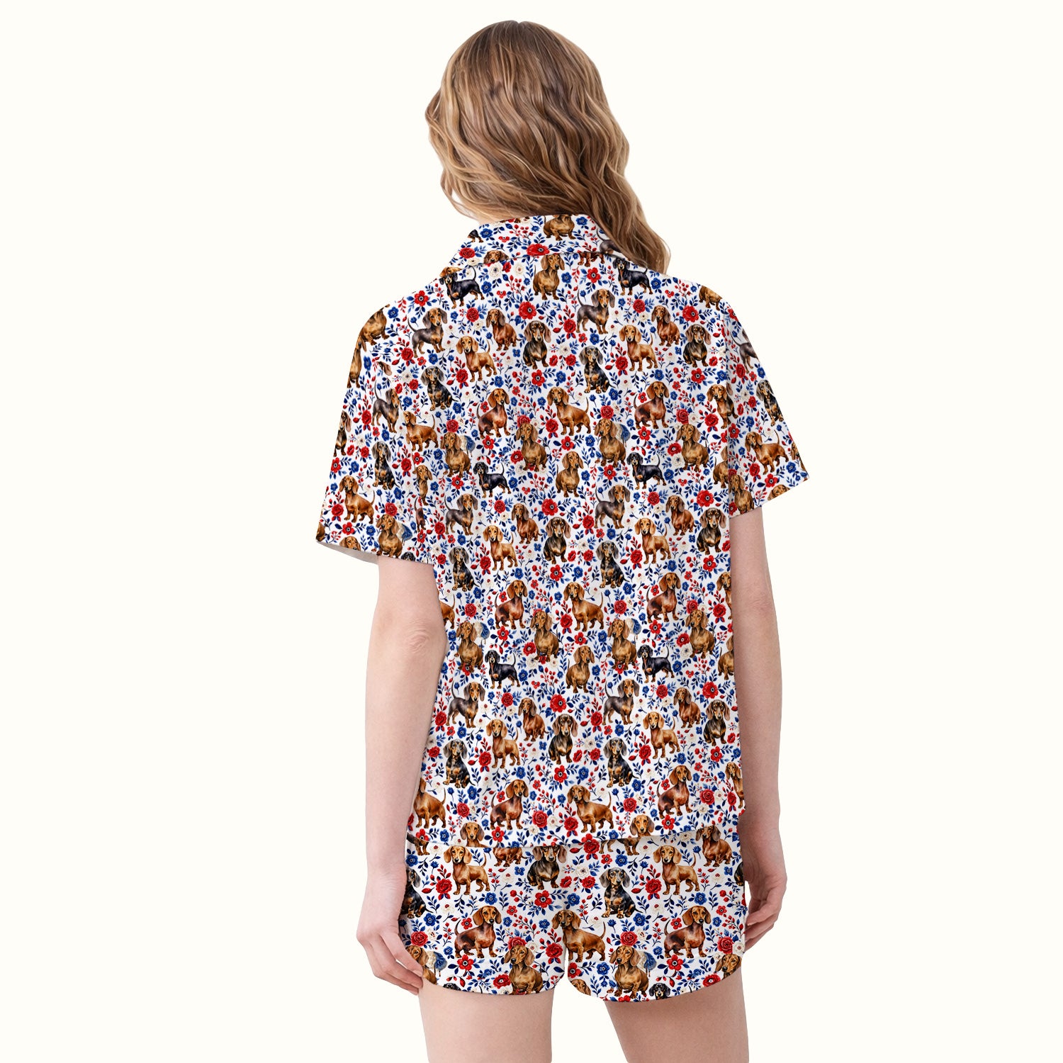 Floral Dachshund Nurse Pattern Pajama Set, Soft Breathable Fabric Comfortable Sleepwear