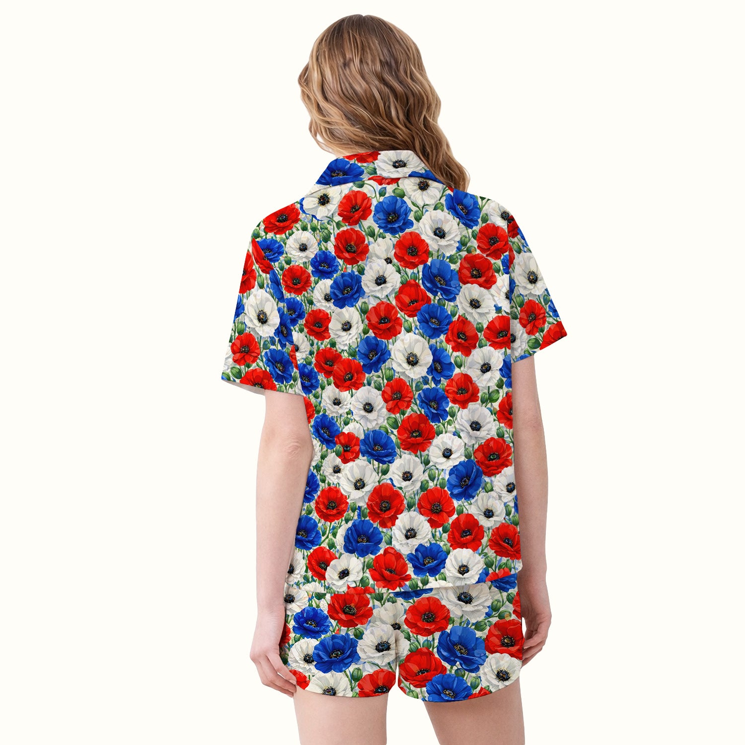 Festive Patriotic Red Blue Poppy Floral Pattern Pajama Set, Soft Breathable Fabric Comfortable Sleepwear