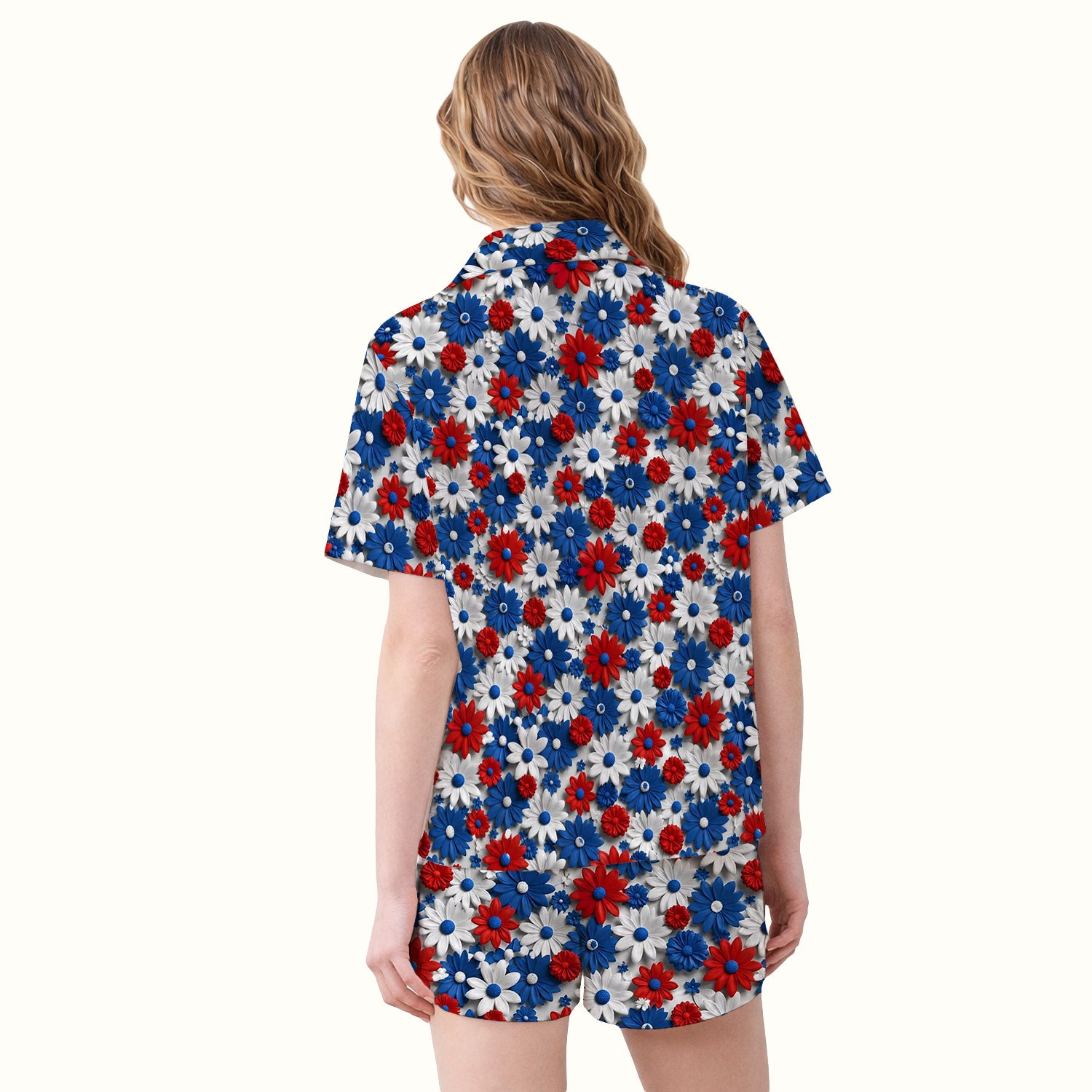 Patriotic Red Blue Daisy Floral Pattern Pajama Set, Soft Breathable Fabric Comfortable Sleepwear