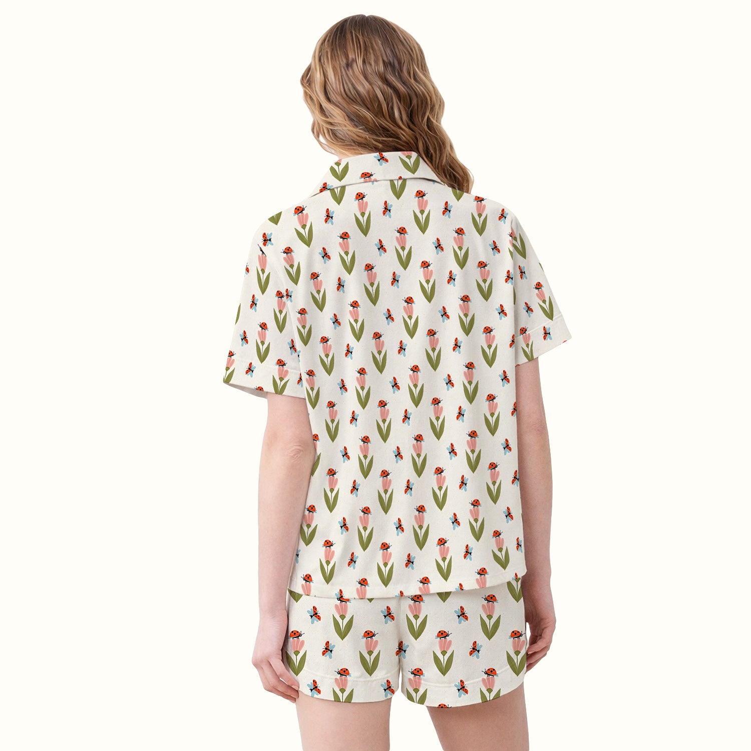Cute Ladybug Tulip Floral Pattern Pajama Set, Soft Breathable Fabric Comfortable Sleepwear