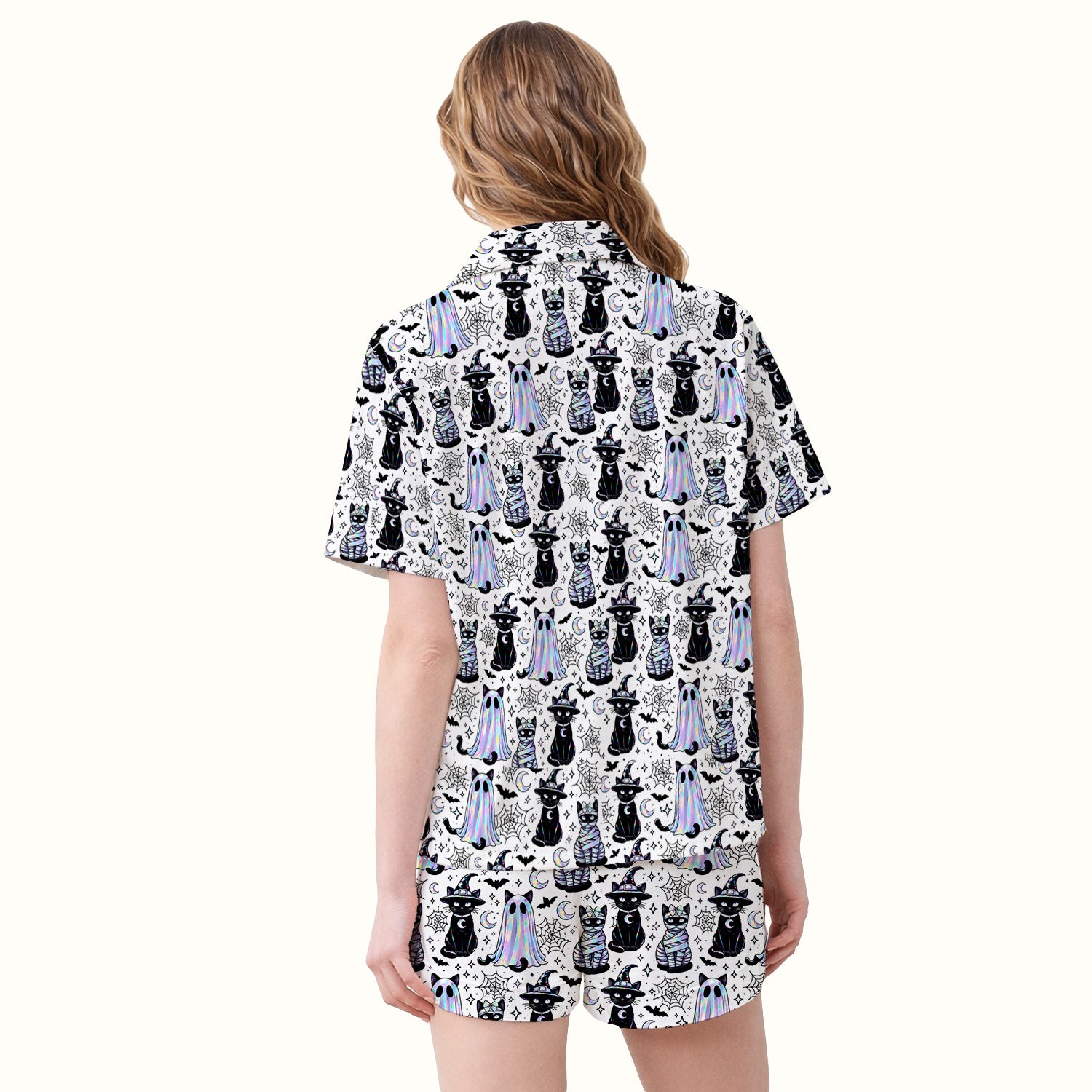 Ghost Witch Cat Pattern Pajama Set, Soft Breathable Fabric Comfortable Sleepwear