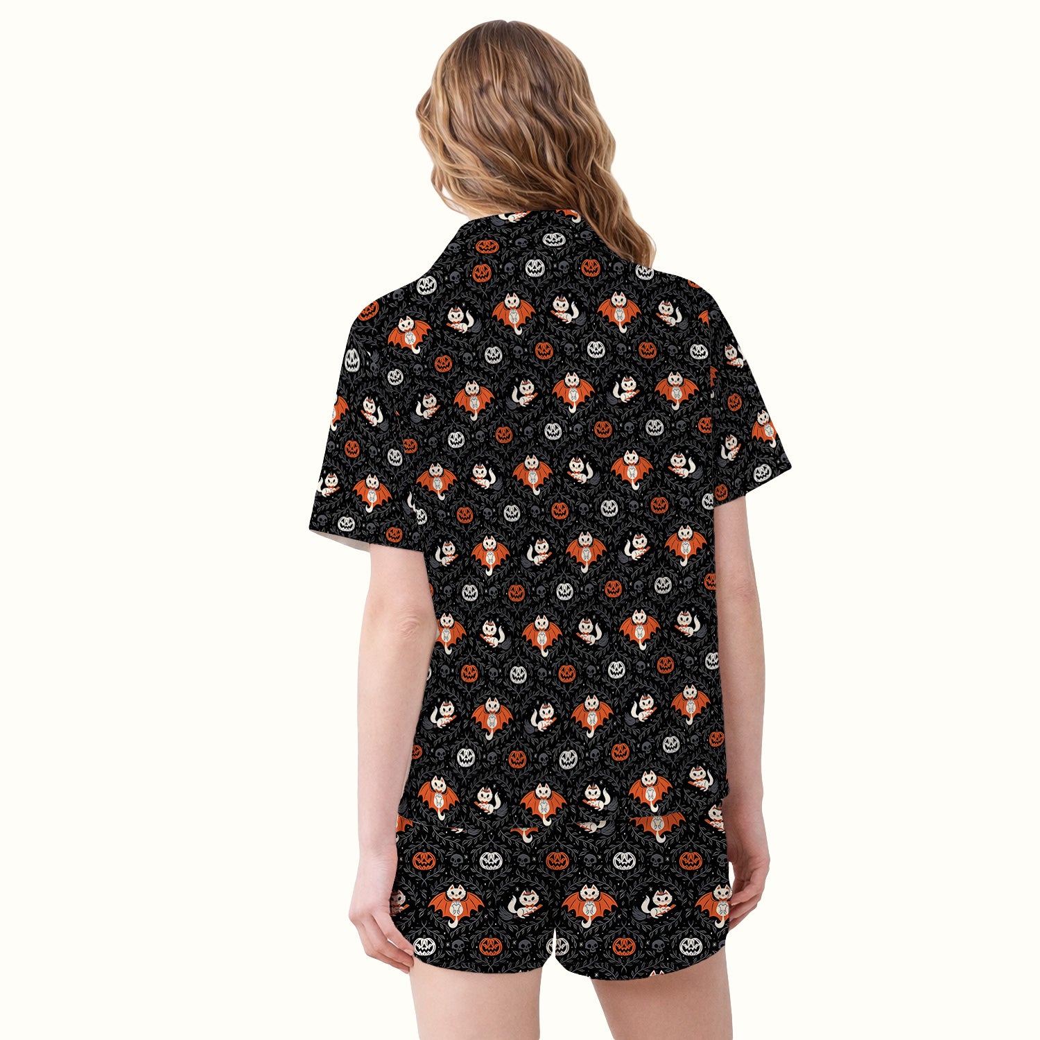 Cute Halloween Vampire Cat Pattern Pajama Set, Soft Breathable Fabric Comfortable Sleepwear