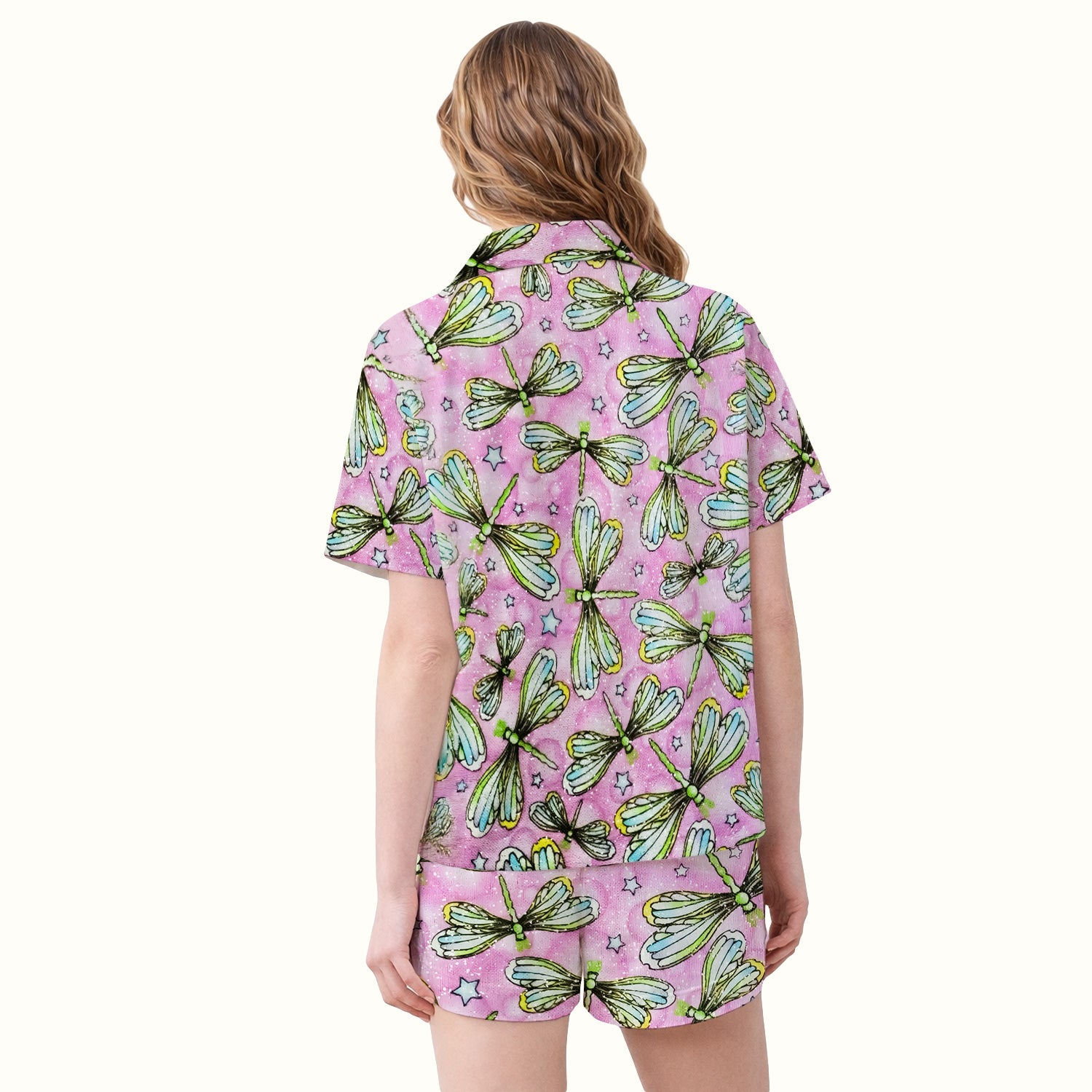 Dragonfly On Pink Starry Background Pajama Set, Breathable Fabrics Uniform
