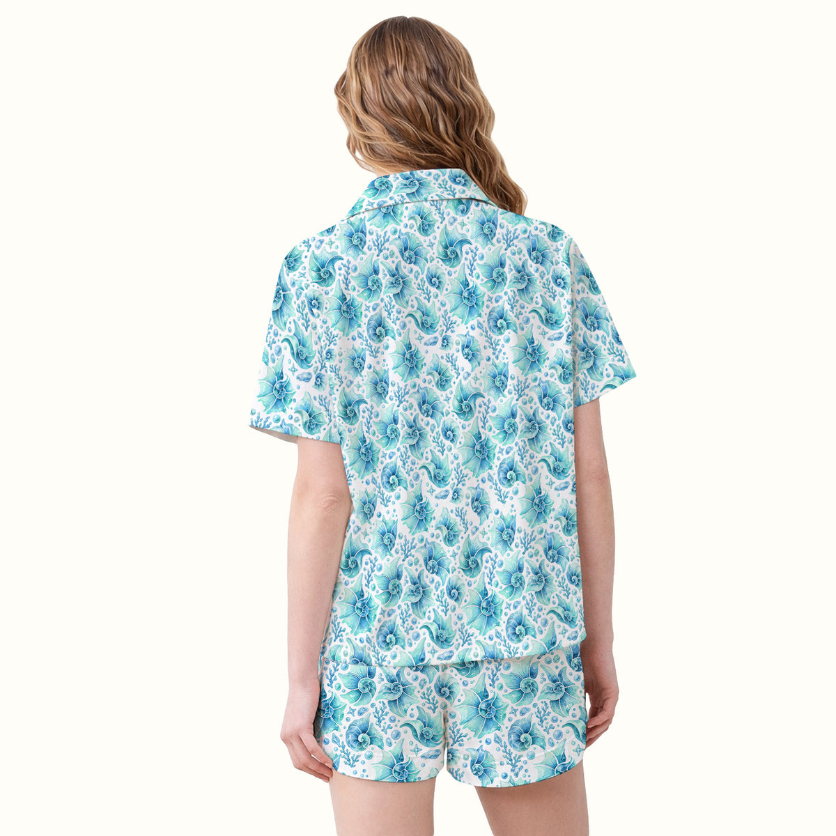 Blue Watercolor Seashell Pattern Pajama Set, Soft Breathable Fabric Comfortable Sleepwear
