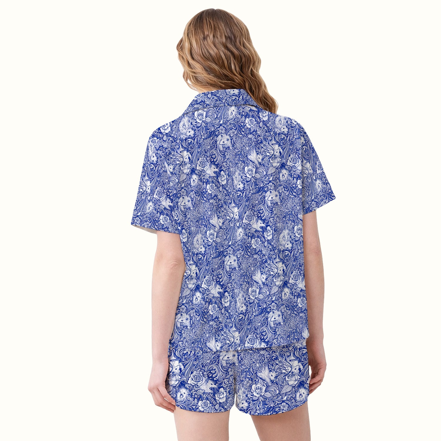 Blue Toile Opossum Floral Pattern Pajama Set, Soft Breathable Fabric Comfortable Sleepwear