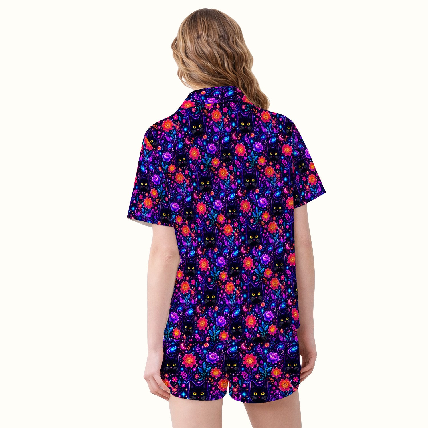 Galaxy Black Cat Floral Pattern Pajama Set, Soft Breathable Fabric Comfortable Sleepwear