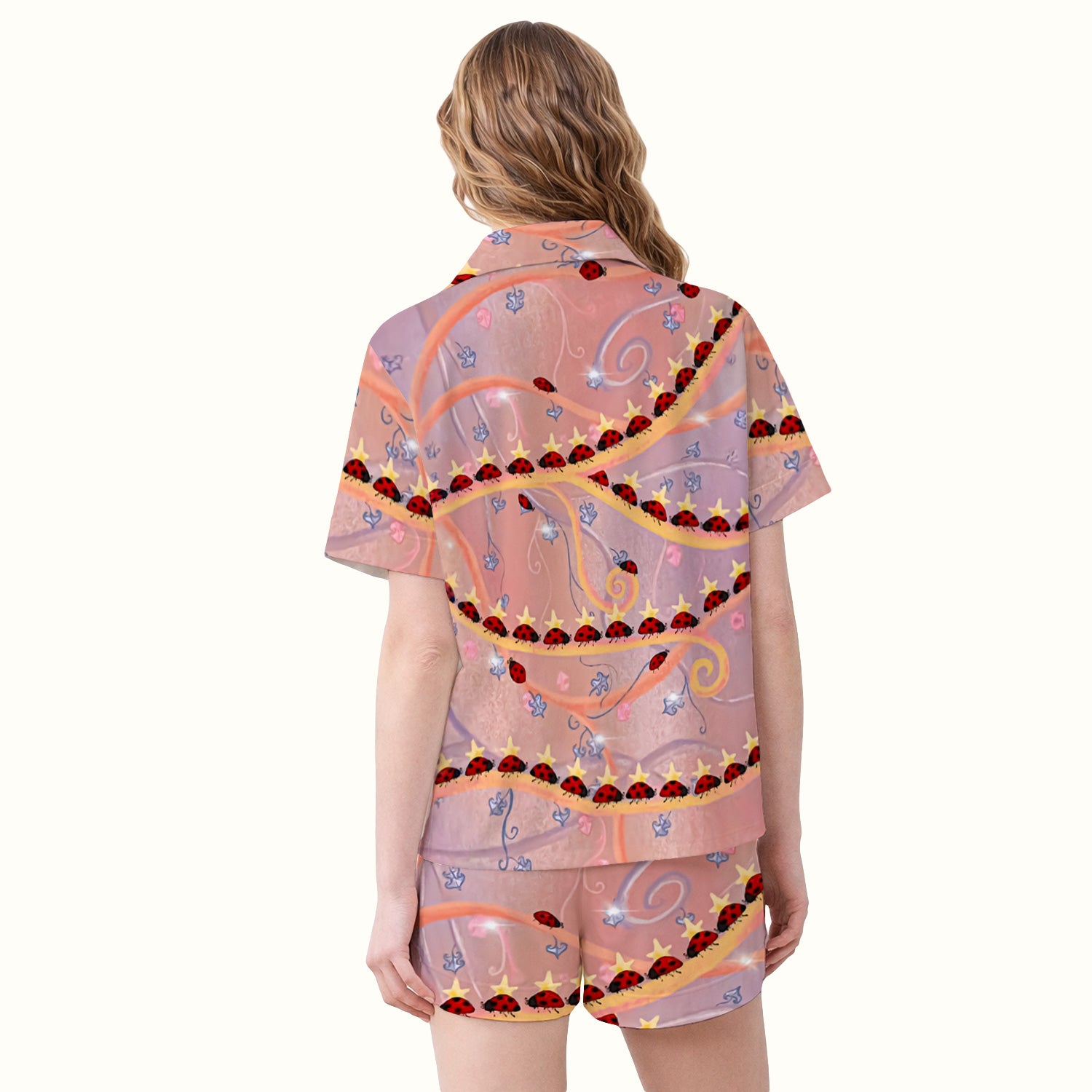 Cute Ladybug Star Vine Swirl Pattern Pajama Set, Soft Breathable Fabric Comfortable Sleepwear