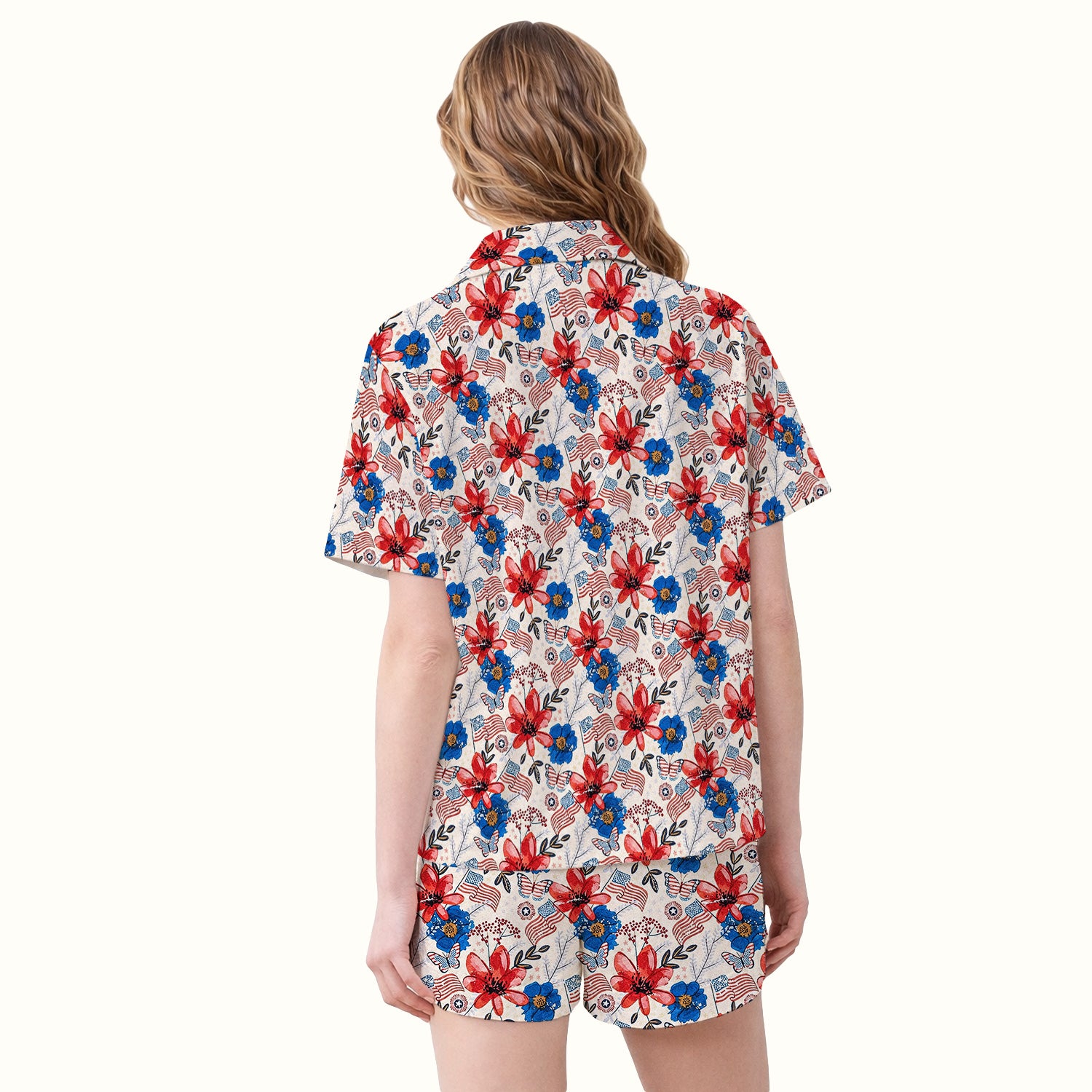 Patriotic Floral Flag Butterfly Pattern Pajama Set, Soft Breathable Fabric Comfortable Sleepwear
