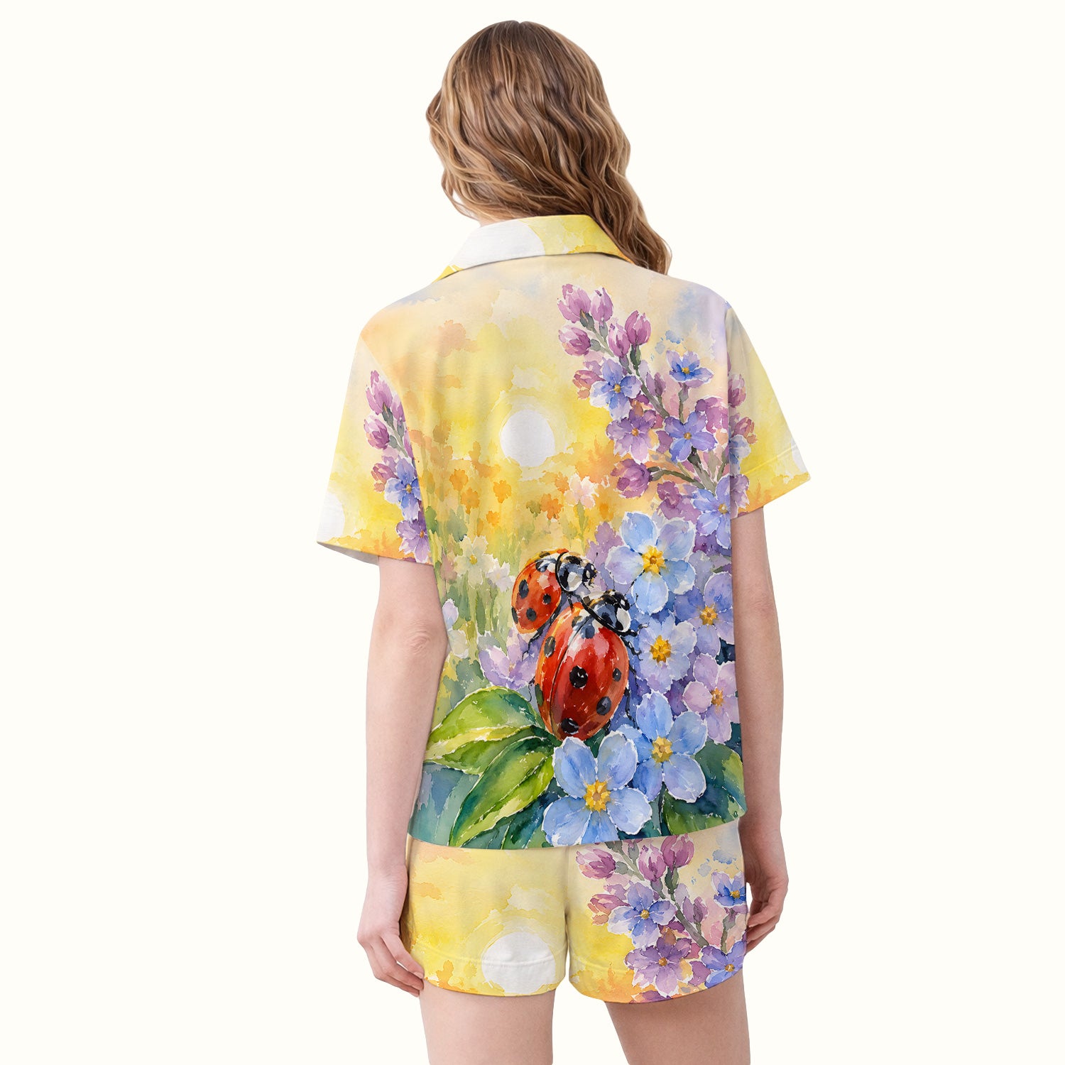 Ladybug Spring Flower Garden Print Scrub Top, Comfortable Scrubs for Nurses Pajama Set, Soft Breathable Fabric Comfortable Sleepwear