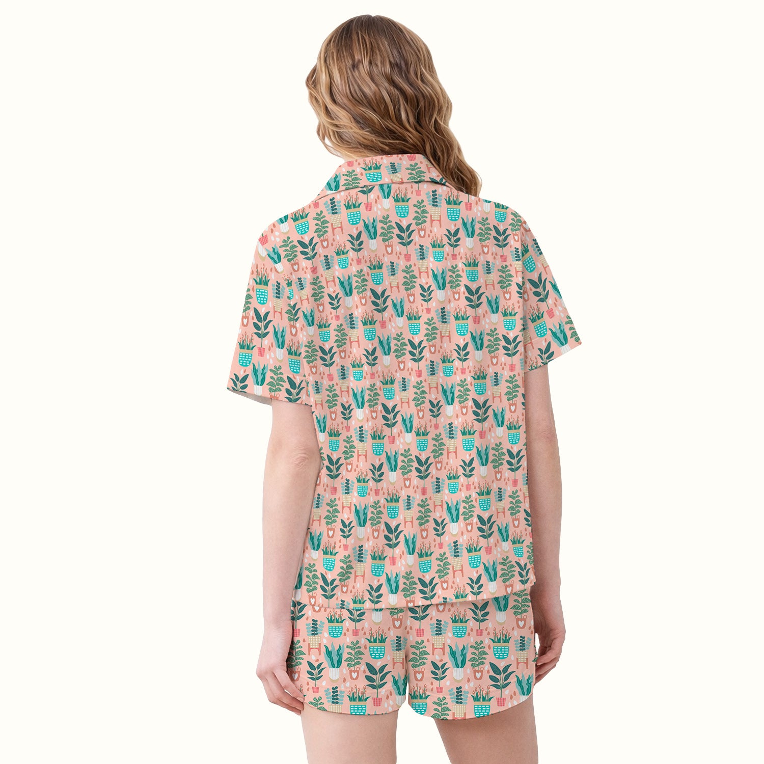 Potted Houseplant Leaves Pattern Pajama Set, Soft Breathable Fabric Comfortable Sleepwear