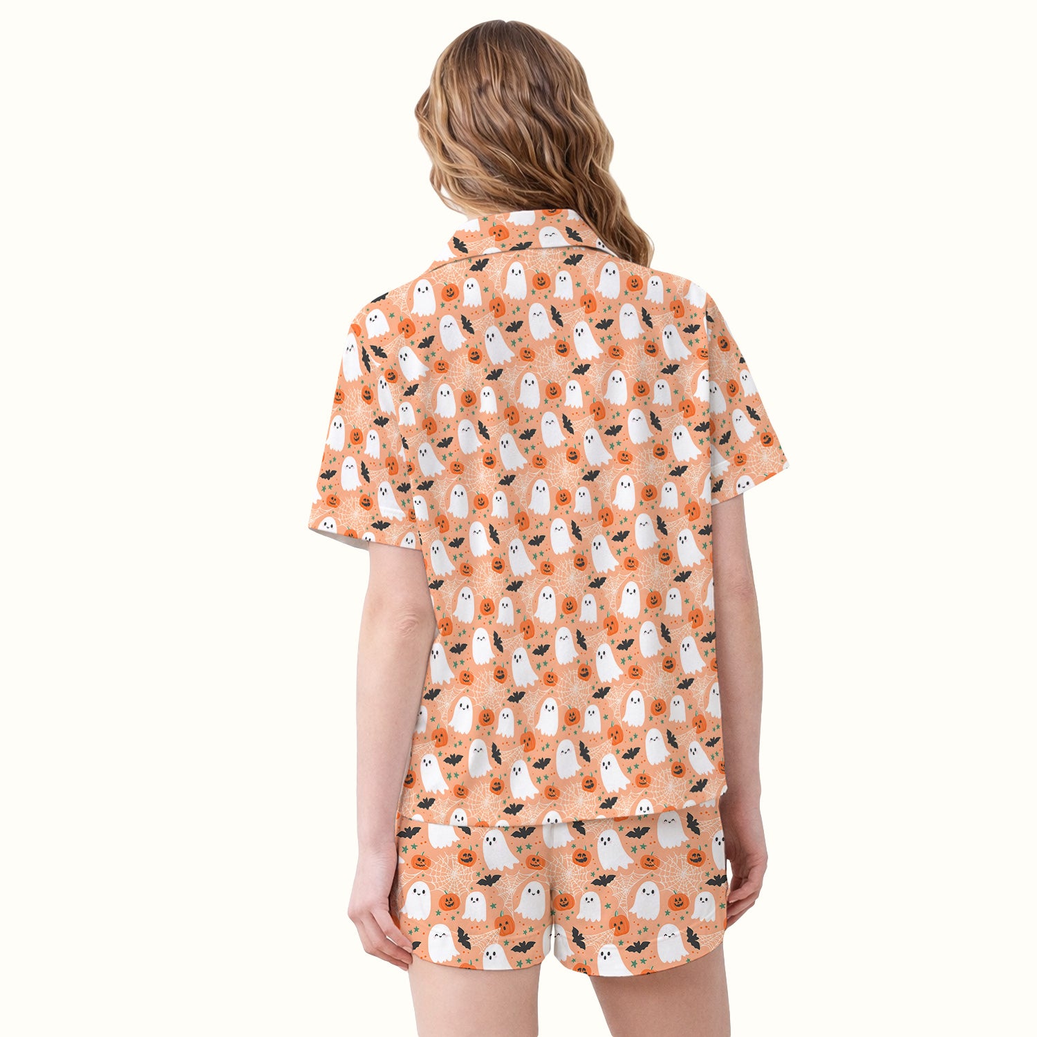 Cute Halloween Ghost And Pumpkin Pajama Set, Soft Breathable Fabric Comfortable Sleepwear
