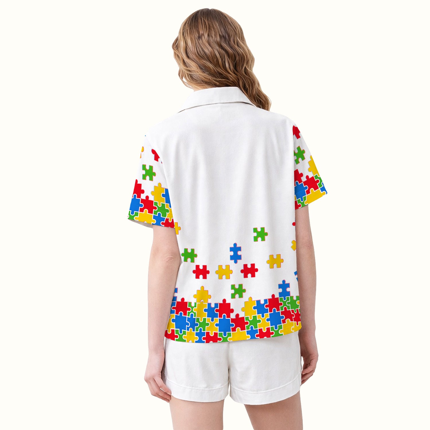 Autism Puzzle Heartbeat Light It Up Blue Print Pajama Set, Breathable Fabrics Uniform