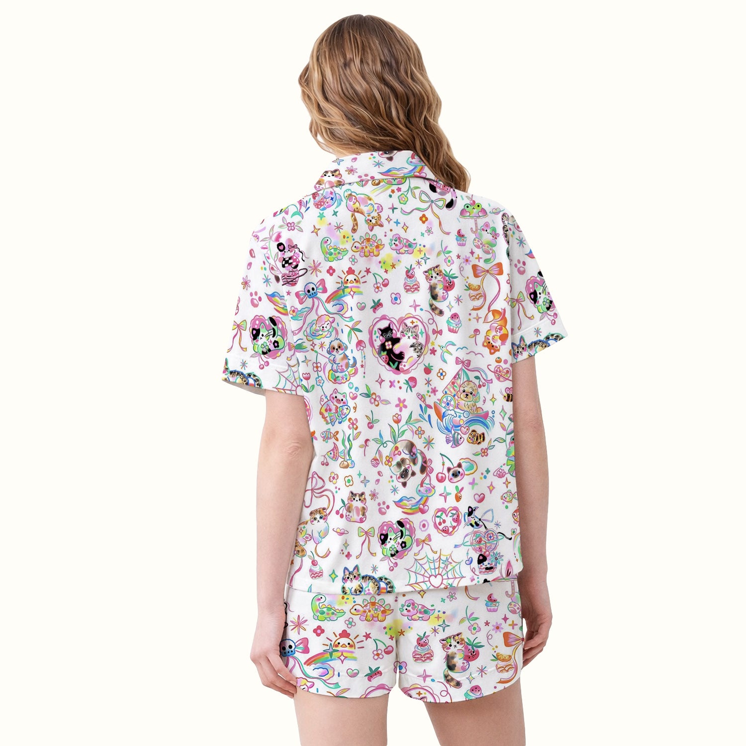 Cute Kawaii Animal Rainbow Heart Pattern Pajama Set, Soft Breathable Fabric Comfortable Sleepwear