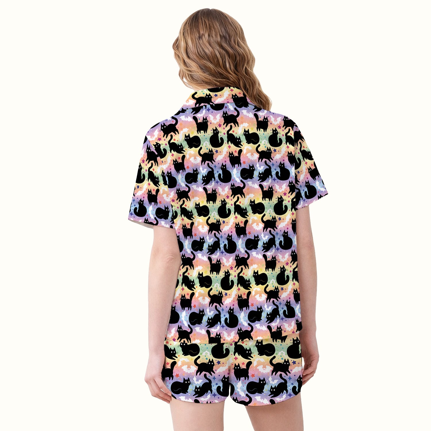 Pastel Star Black Cat Pattern Pajama Set, Soft Breathable Fabric Comfortable Sleepwear