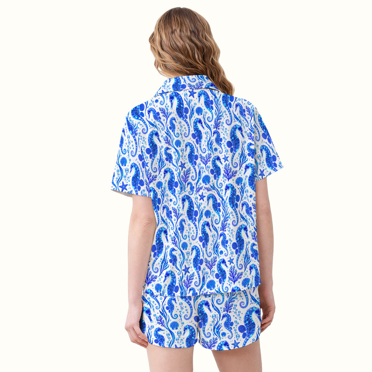 Blue Ocean Seahorse Pattern Pajama Set, Soft Breathable Fabric Comfortable Sleepwear