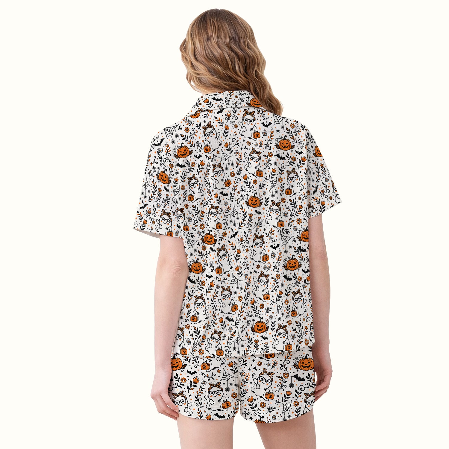 Cute Halloween Nurse Ghost And Pumpkins Pajama Set, Soft Breathable Fabric Comfortable Sleepwear