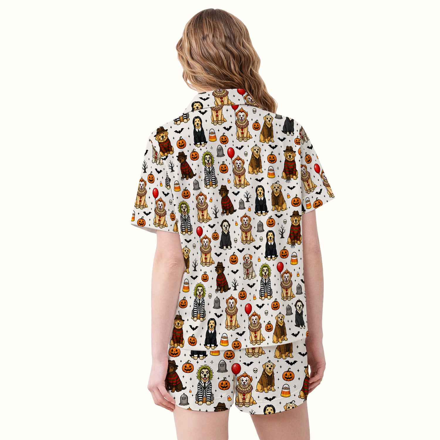 Funny Halloween Dog Pattern Pajama Set, Soft Breathable Fabric Comfortable Sleepwear
