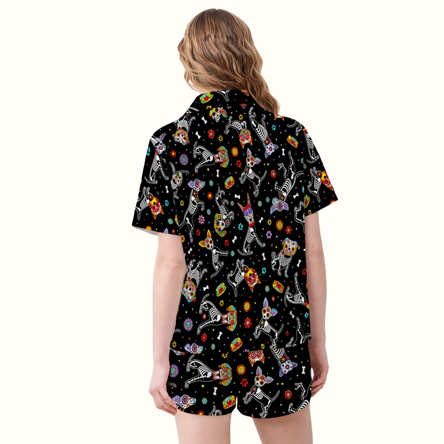 Colorful Day Of The Dead Dogs Pajama Set, Soft Breathable Fabric Comfortable Sleepwear