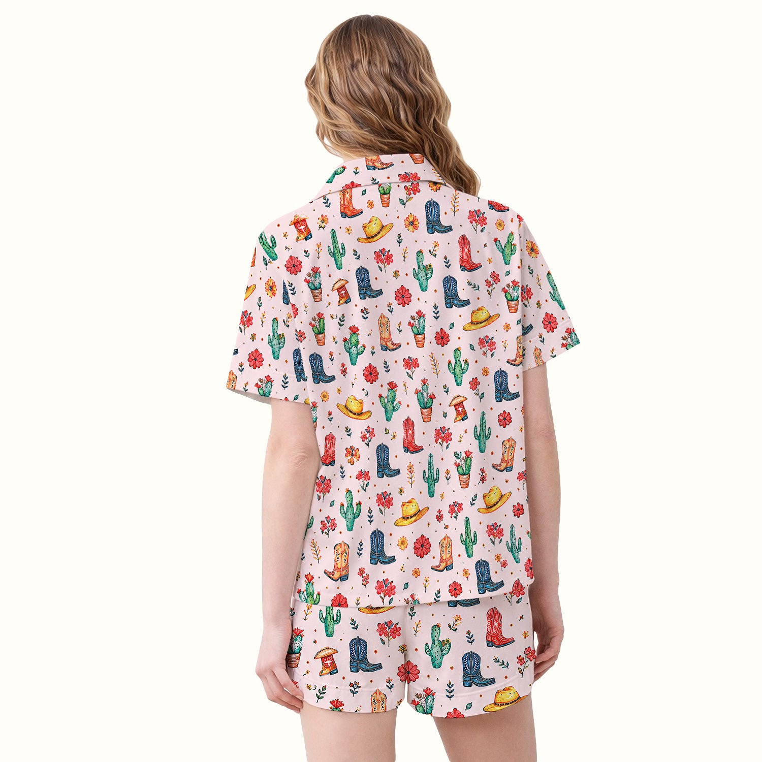 Whimsical Western Cactus Boots Pattern Pajama Set, Soft Breathable Fabric Comfortable Sleepwear