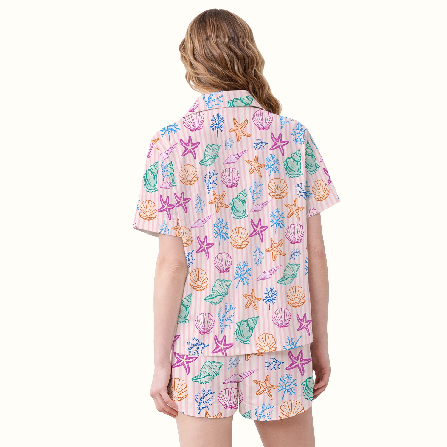 Colorful Seashell Starfish Ocean Stripe Pattern Pajama Set, Breathable Fabrics Uniform
